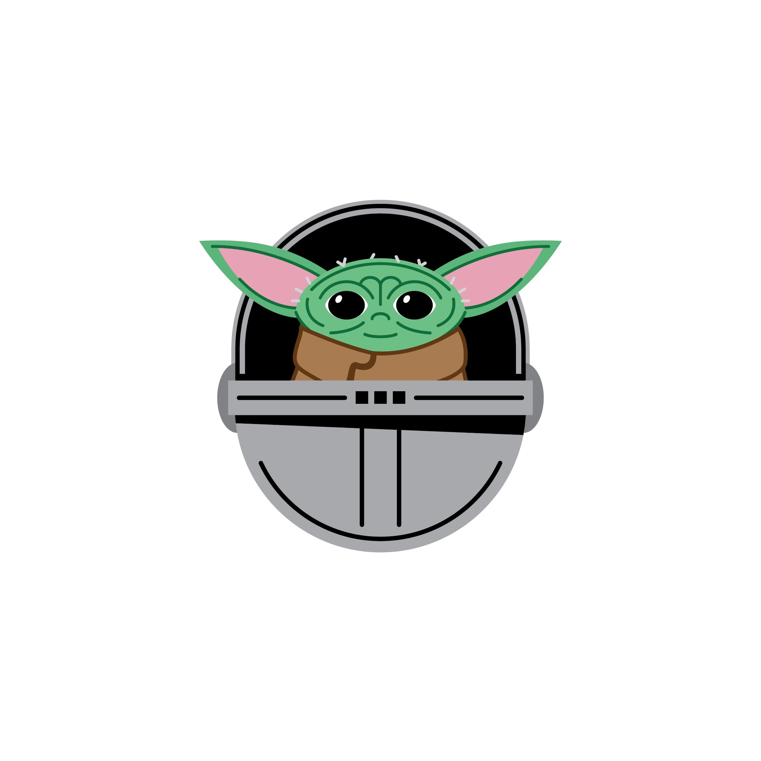 Cartoon depiction of Baby Yoda (Grogu) emerging from a small vehicle, with large ears and expressive eyes, on a plain background.