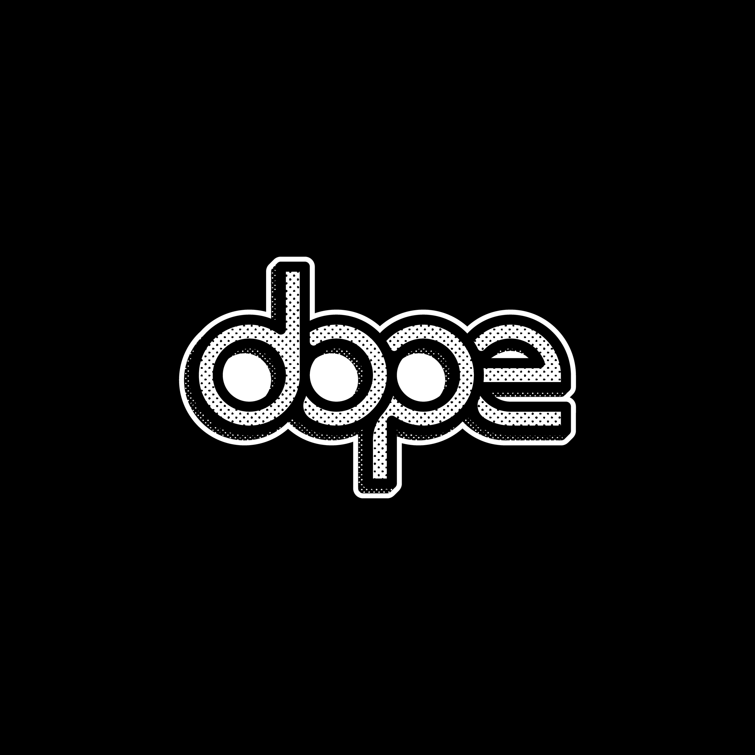 White bubble letter spelling 'DOPE' with dotted outline on a black background.