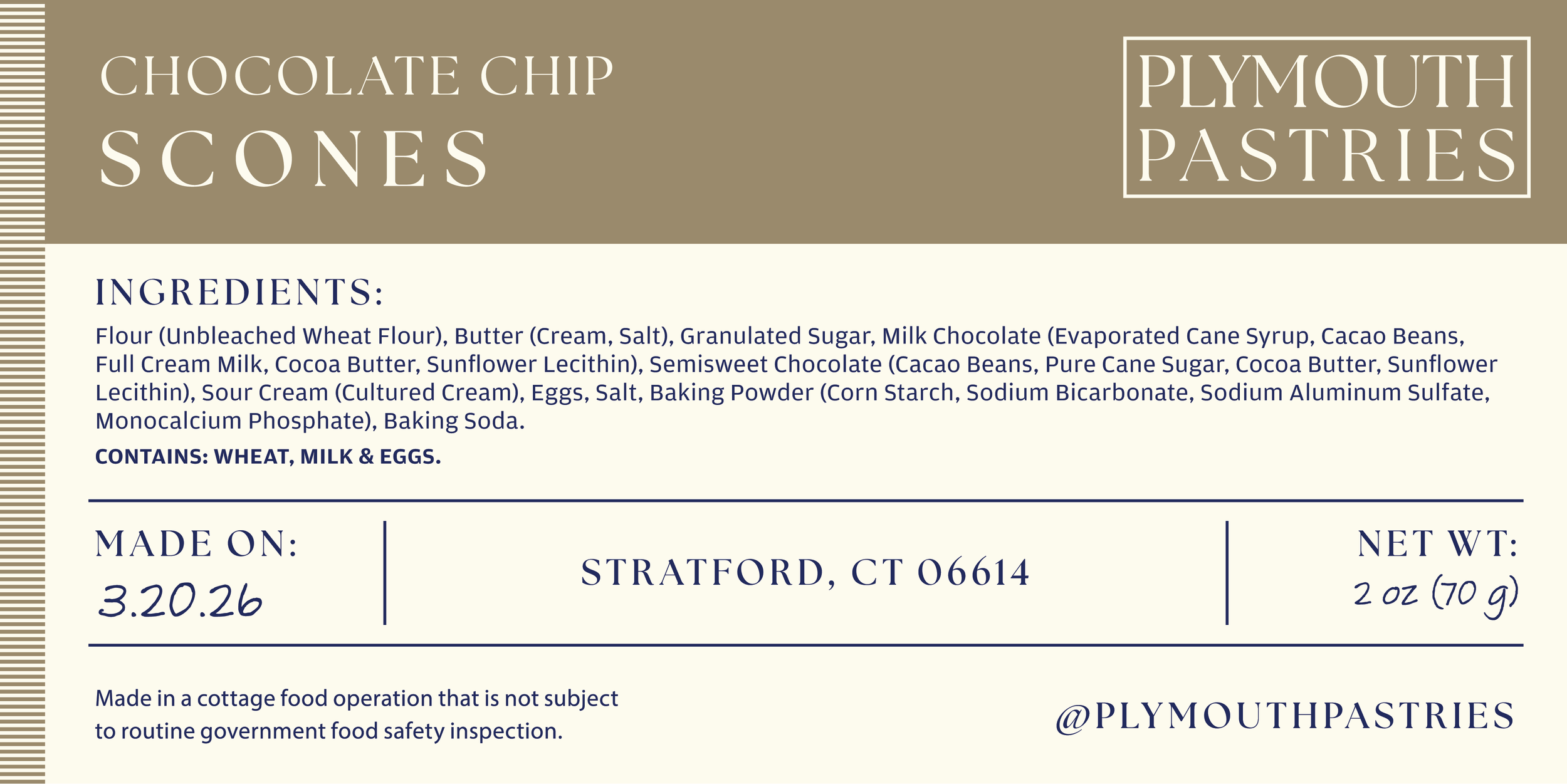 Product label for Plymouth Pastries chocolate chip scones, with ingredients, manufacturing date, location, and weight details.