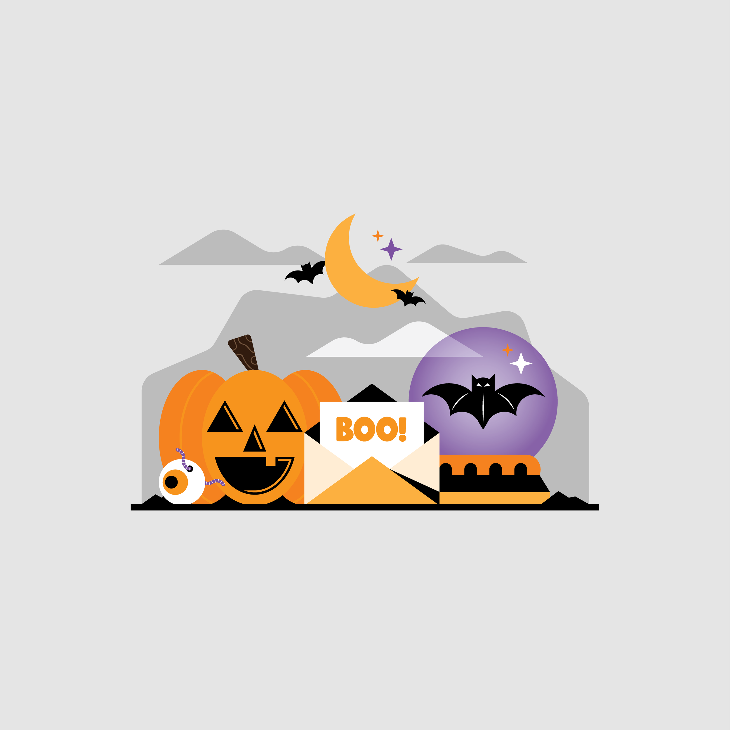 Halloween-themed digital illustration featuring a carved pumpkin with a spooky face, purple bat, black bats, and stars against a grey background, with Halloween-themed text that includes 'BOO!'. 