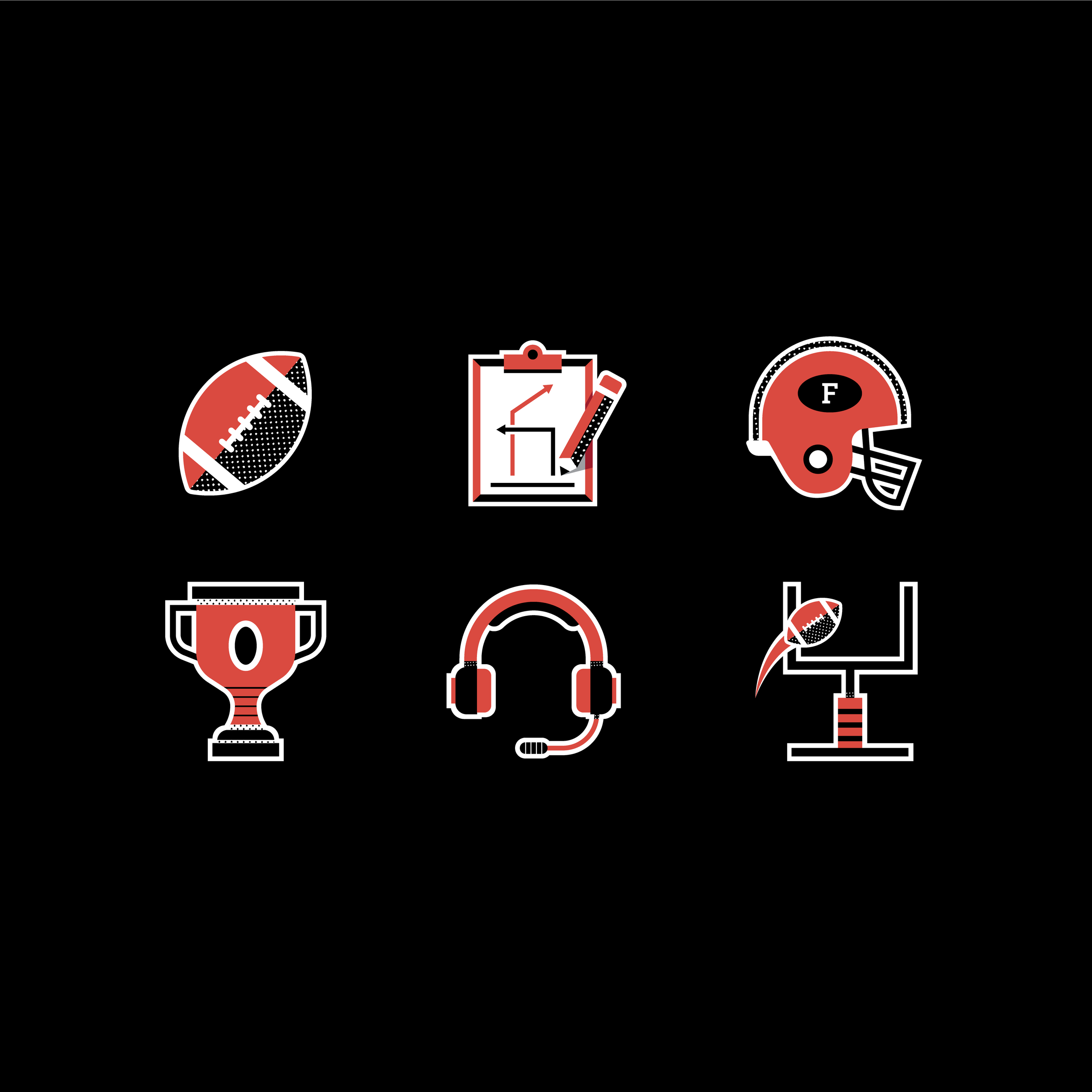 Icons of a football, a ranking chart on a clipboard with a pencil, a football helmet, a trophy, headphones, a microphone, and a headset on a black background.