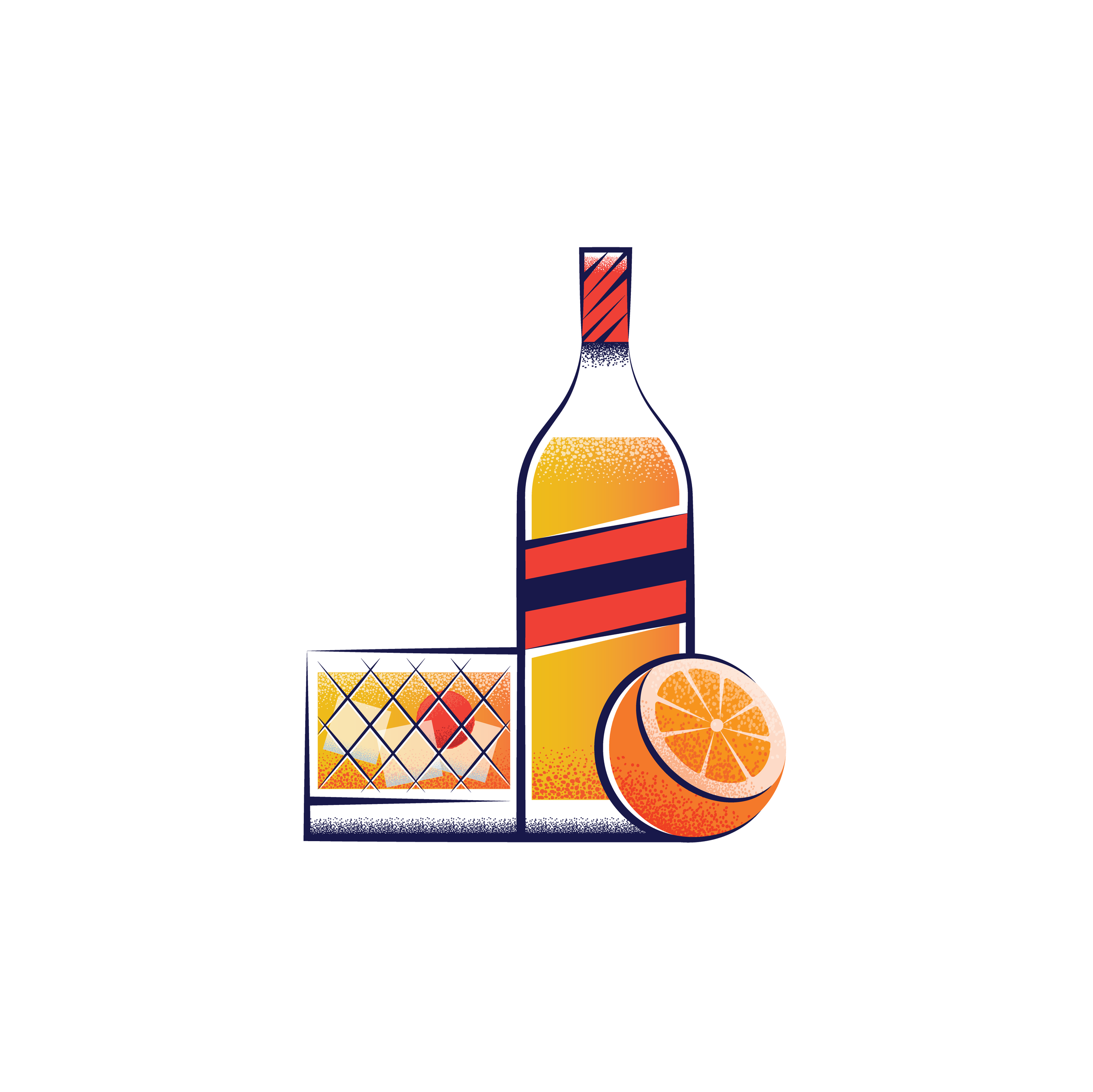 A digital illustration of a bar containing an orange liquid, with a sliced orange placed beside it.