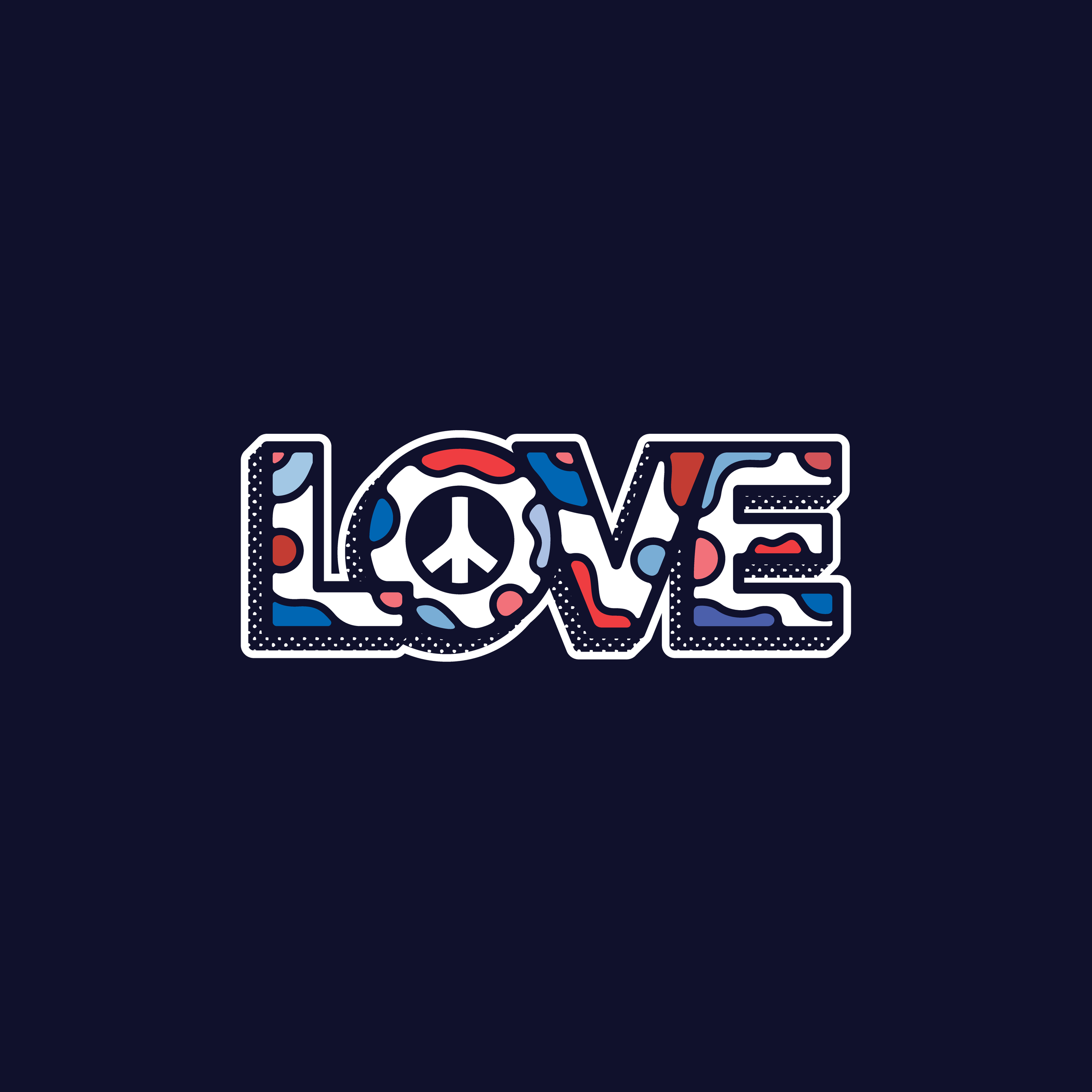 Colorful word art spelling 'LOVE' with a skull inside the letter 'O' on a dark background.
