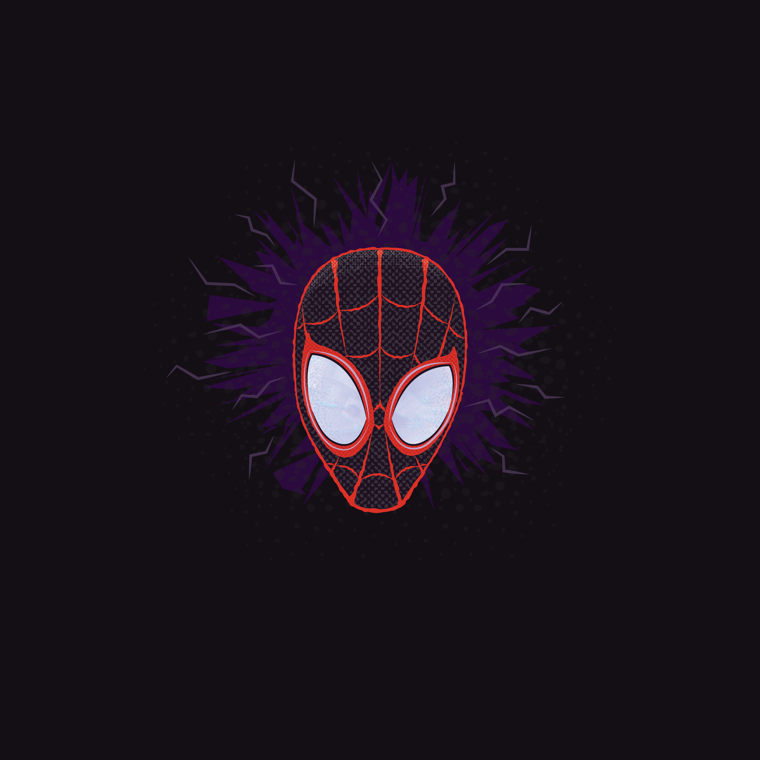 A stylized illustration of Spider-Man's mask with web patterns and large white eye lenses, set against a dark background with purple energy spikes.