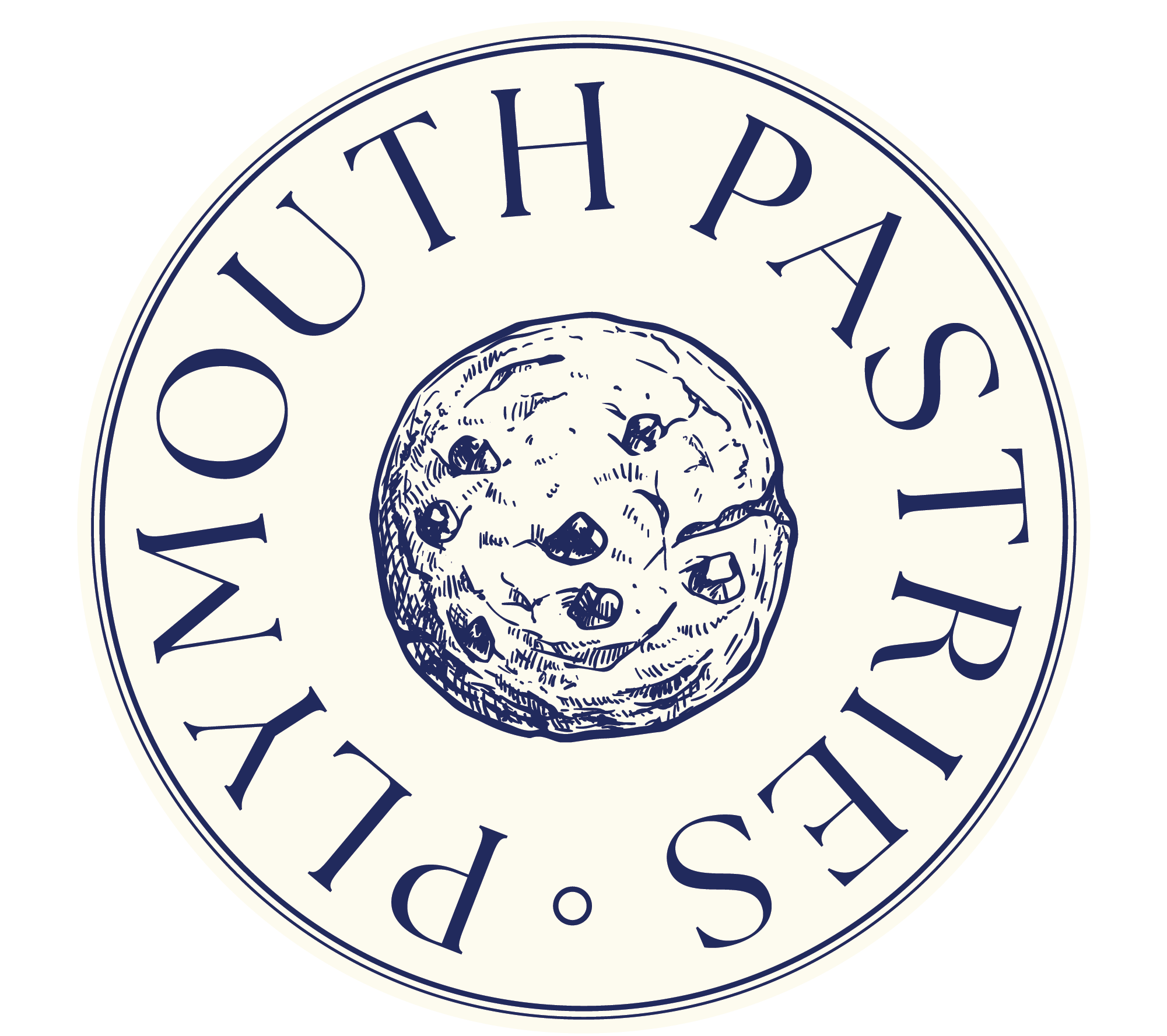 Close-up of a circular logo with the words 'PLYMOUTH' and 'PASTRIES' and an illustration of a cookie in the center.
