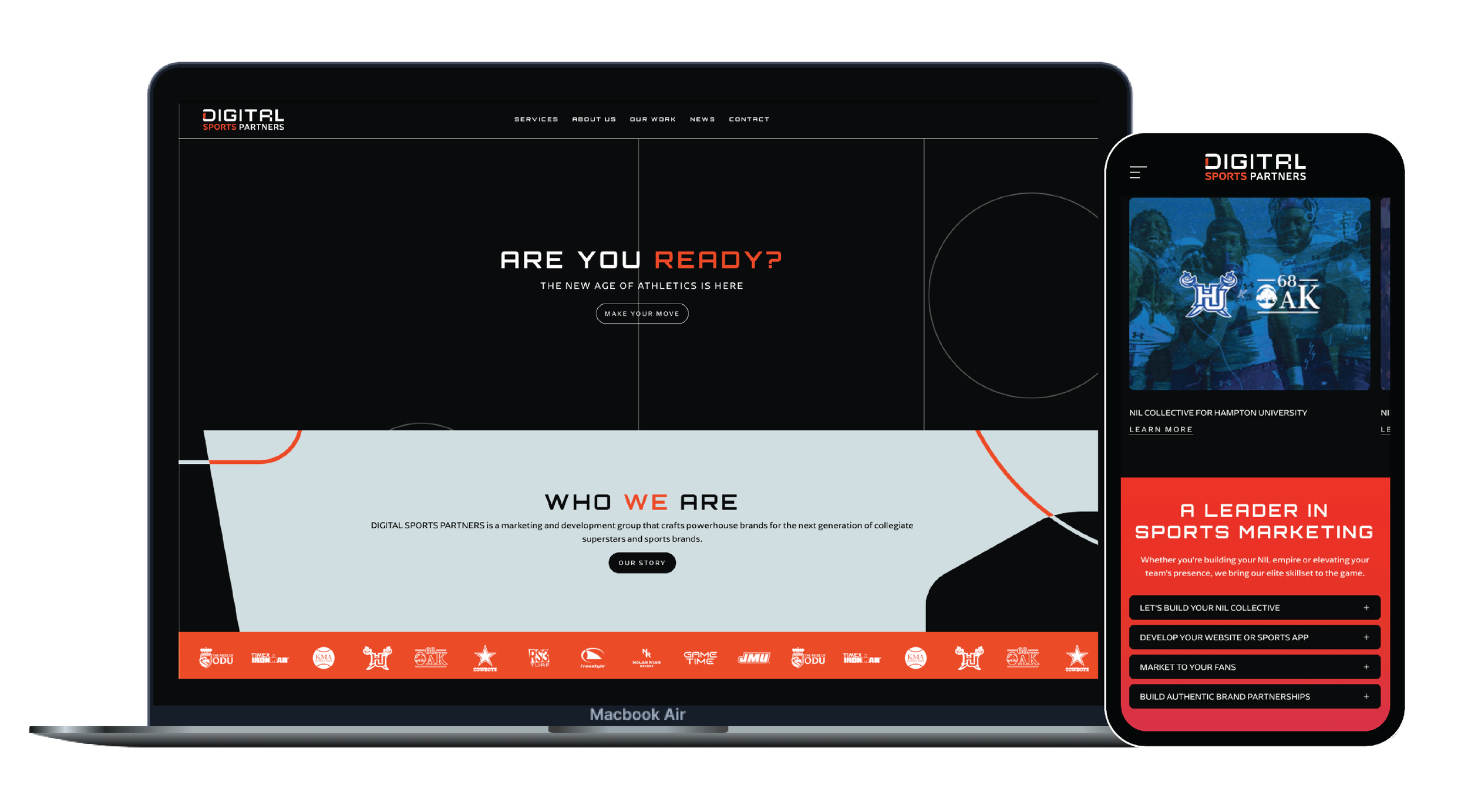 A laptop and a smartphone showing a website for DSP with a black background, red and white accents, and images of athletes and sports branding.