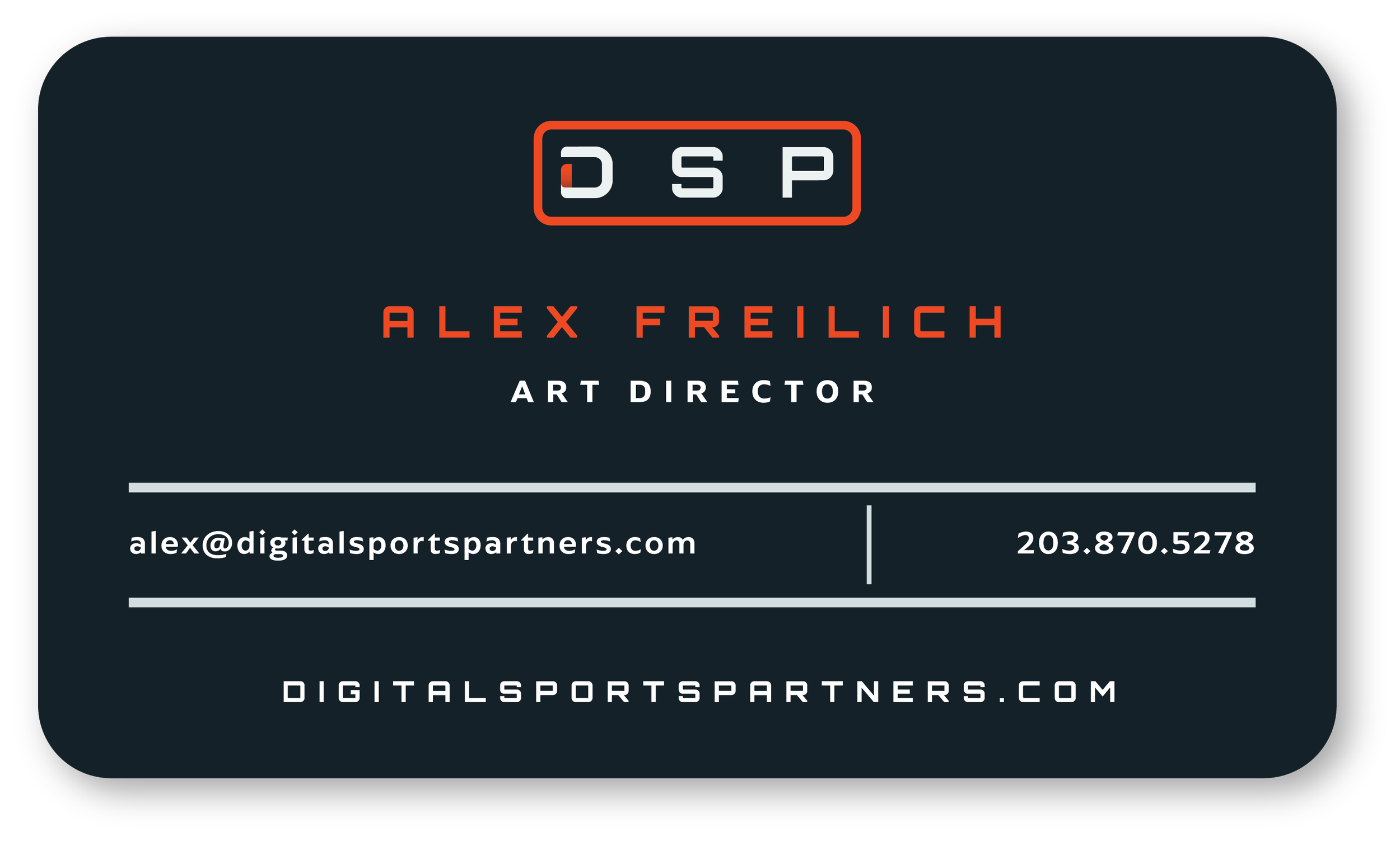 Business card for Alex Freilich, art director at DSP, featuring contact email, phone number, and website.