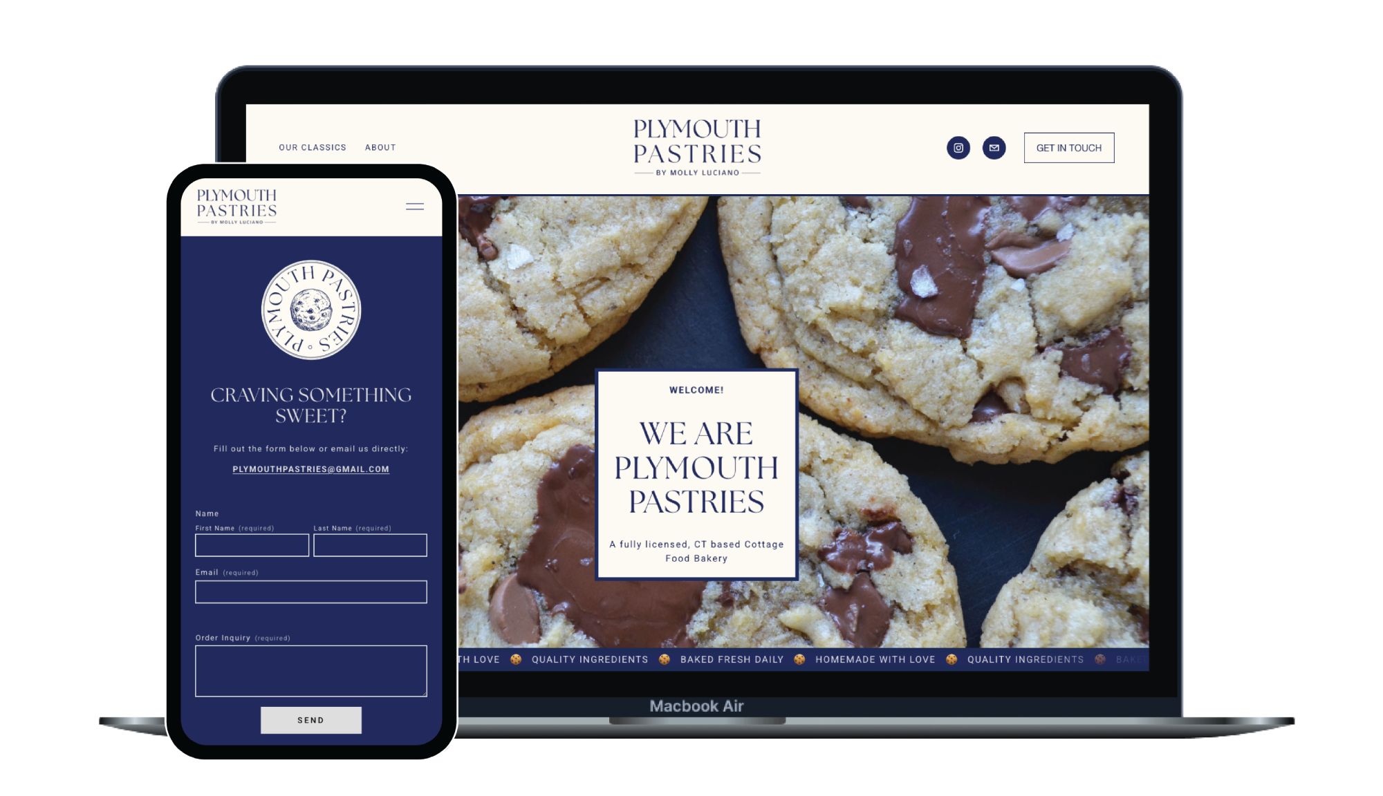 Screenshot of a website and mobile app for Plymouth Pastries, featuring close-up images of chocolate chip cookies and contact/order forms.