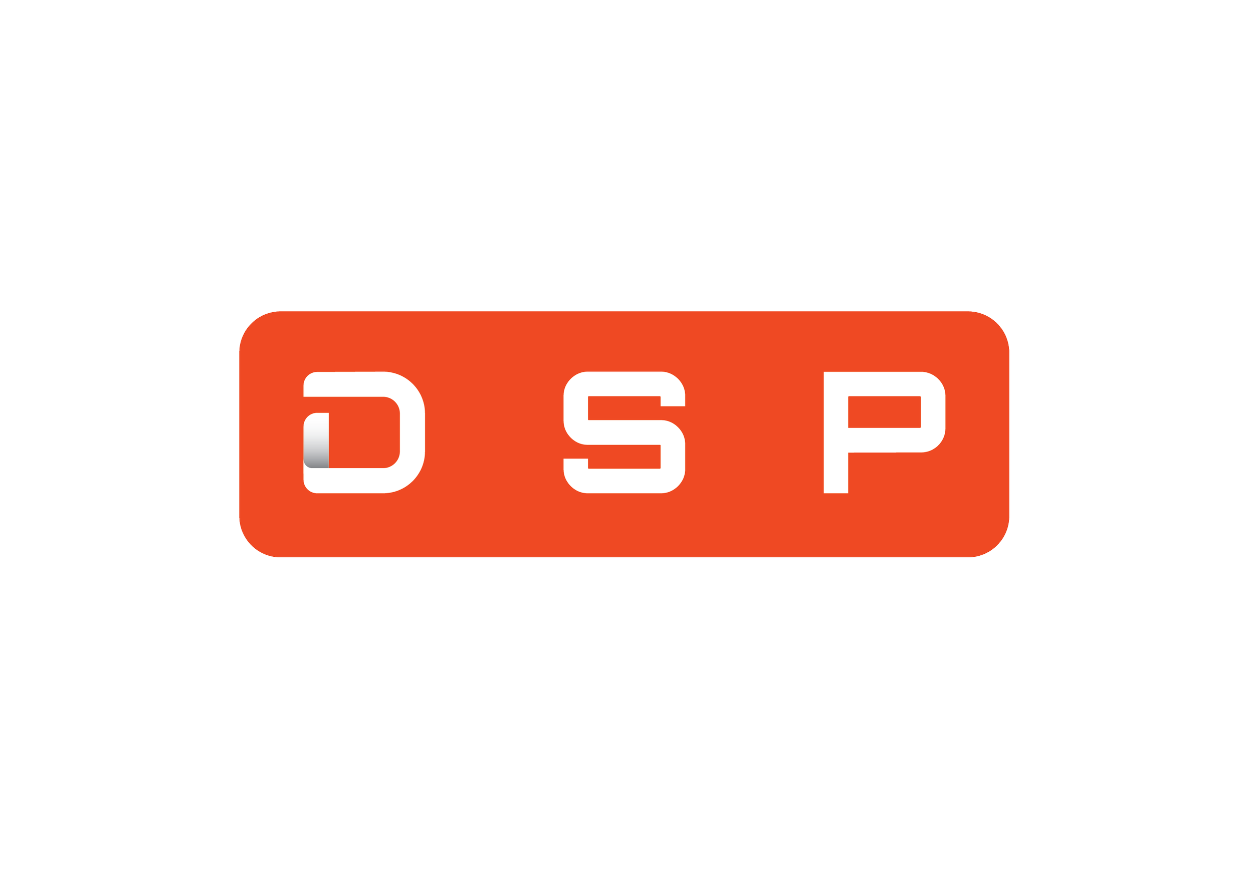 Red rectangular sign with white letters spelling 'DSP' on a black background