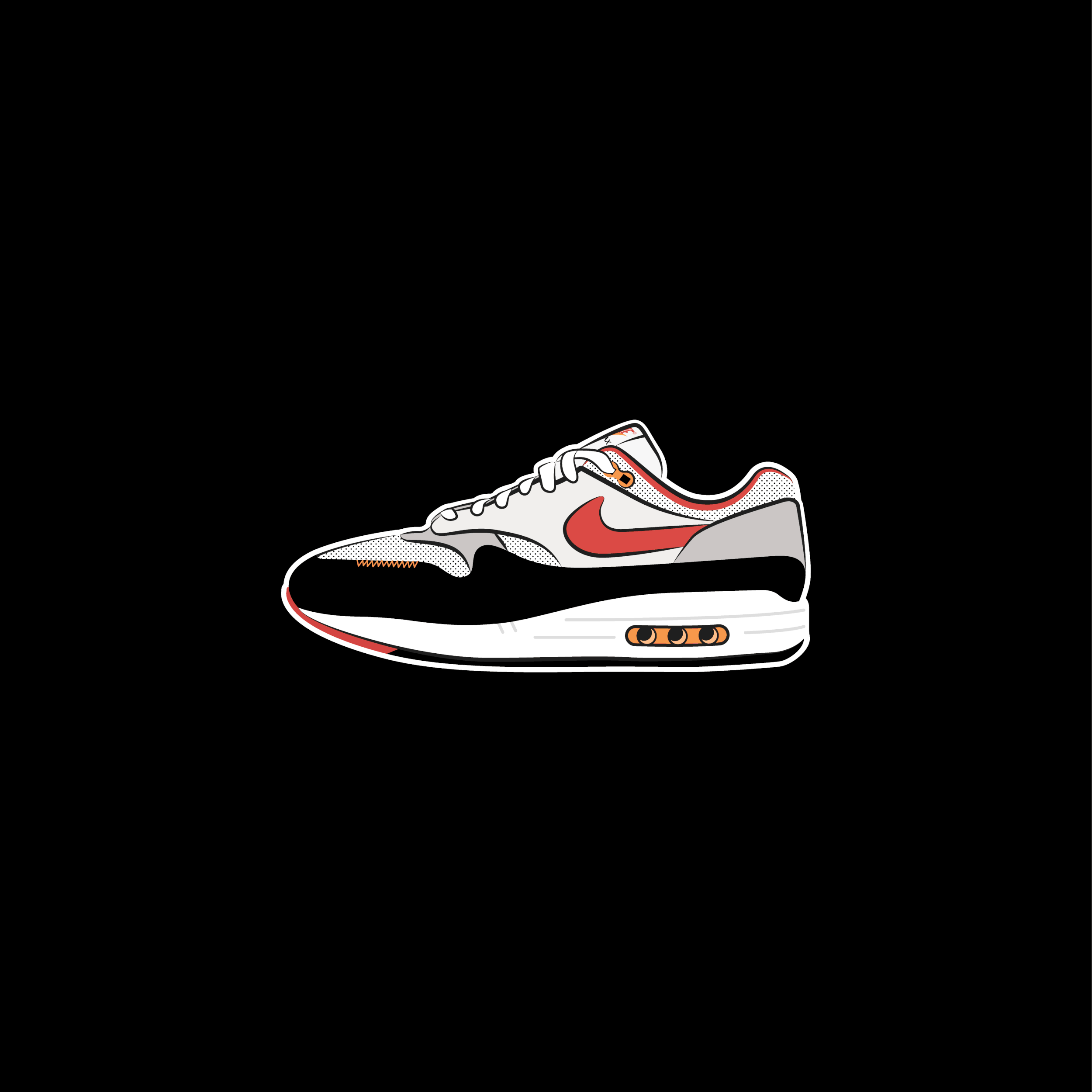 A drawing of a white sneaker with orange and gray accents, viewed from the side.