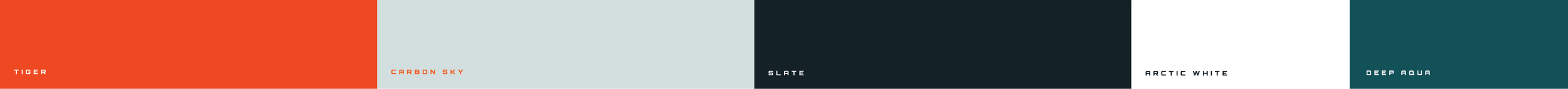 Colorful color palette featuring shades named Tiger, Carbon Sky, Slate, Arctic White, and Deep Aqua.