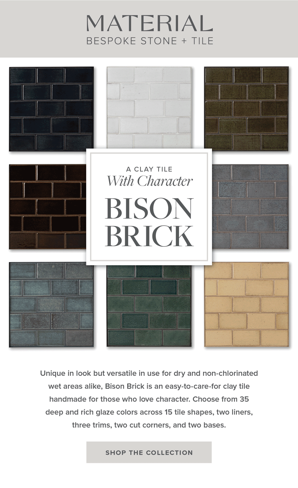 Image of a material catalog showcasing Bison Brick clay tiles in nine different colors and textures, with a header reading 'Material - Bespoke Stone + Tile' and central text about the clay tile collection.