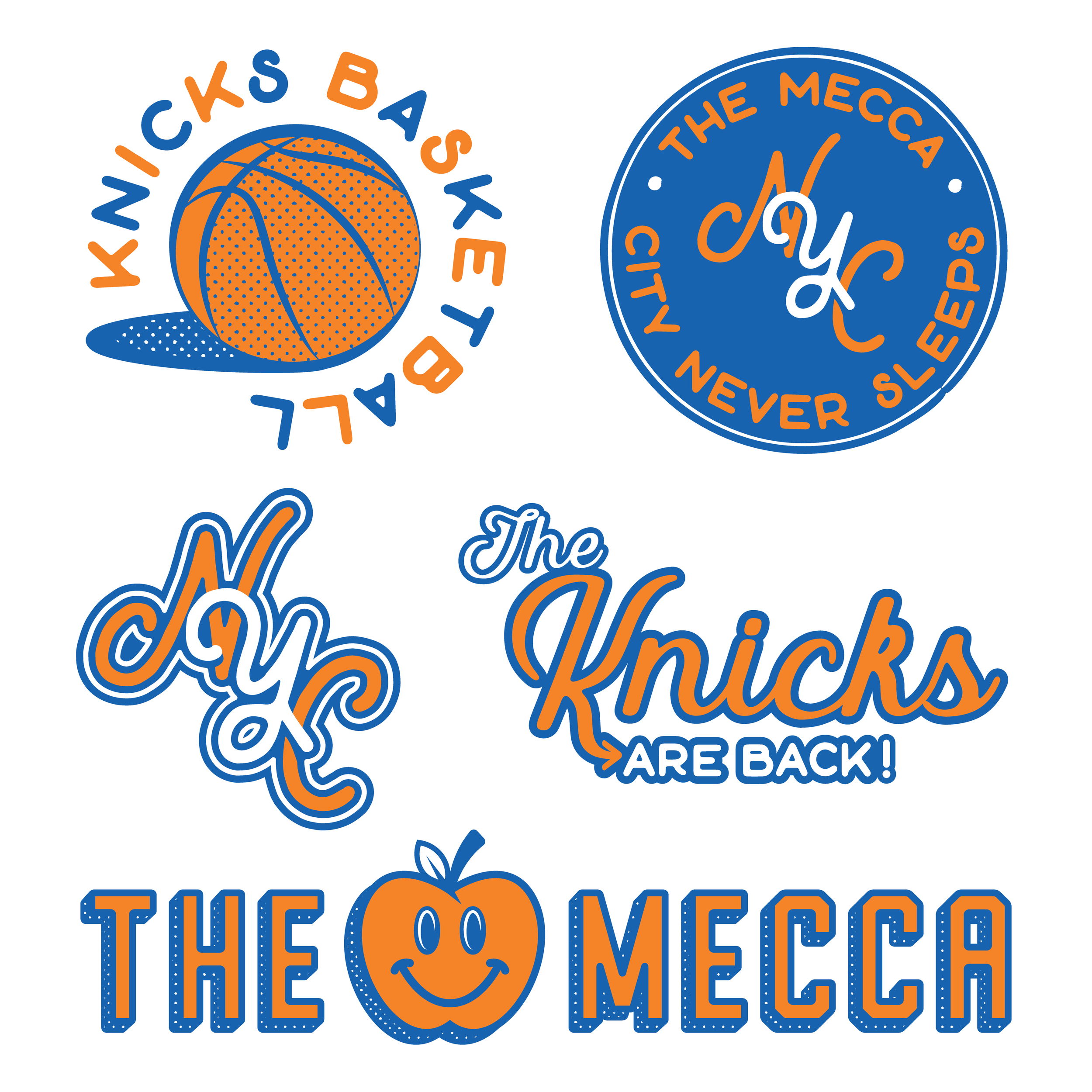 Text with a basketball at the top and a apple at the bottom, saying 'The Knicks, Are Back! In a Knicks orange and blue color scheme