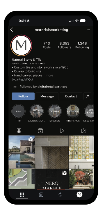 A smartphone screen showing an Instagram profile for Natural Stone & Tile, including posts of tiles, stonework, fireplace, and landscape images.