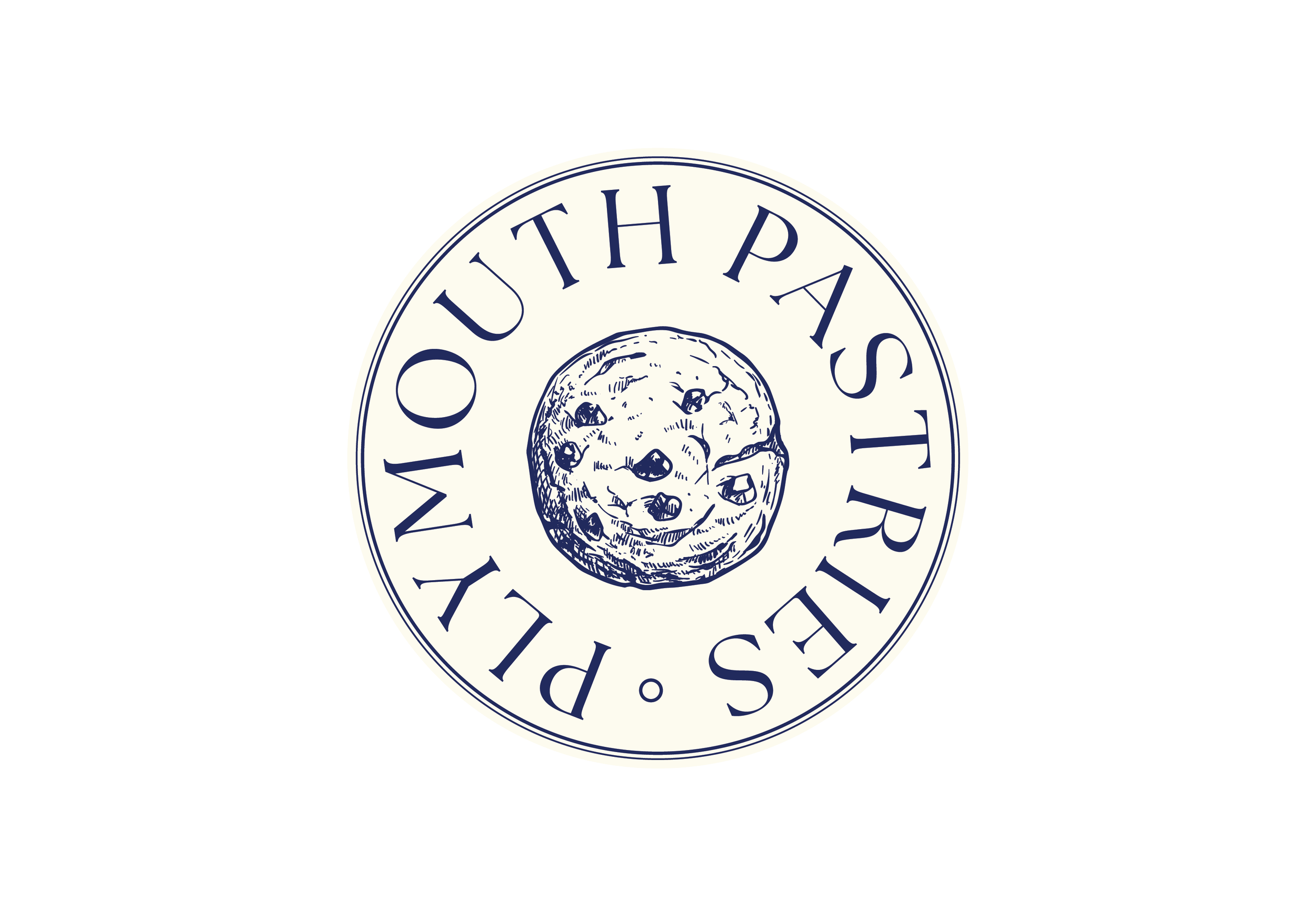 Round logo with a detailed illustration of a cookie in the center and the text 'PLYMOUTH PASTRIES' around it.