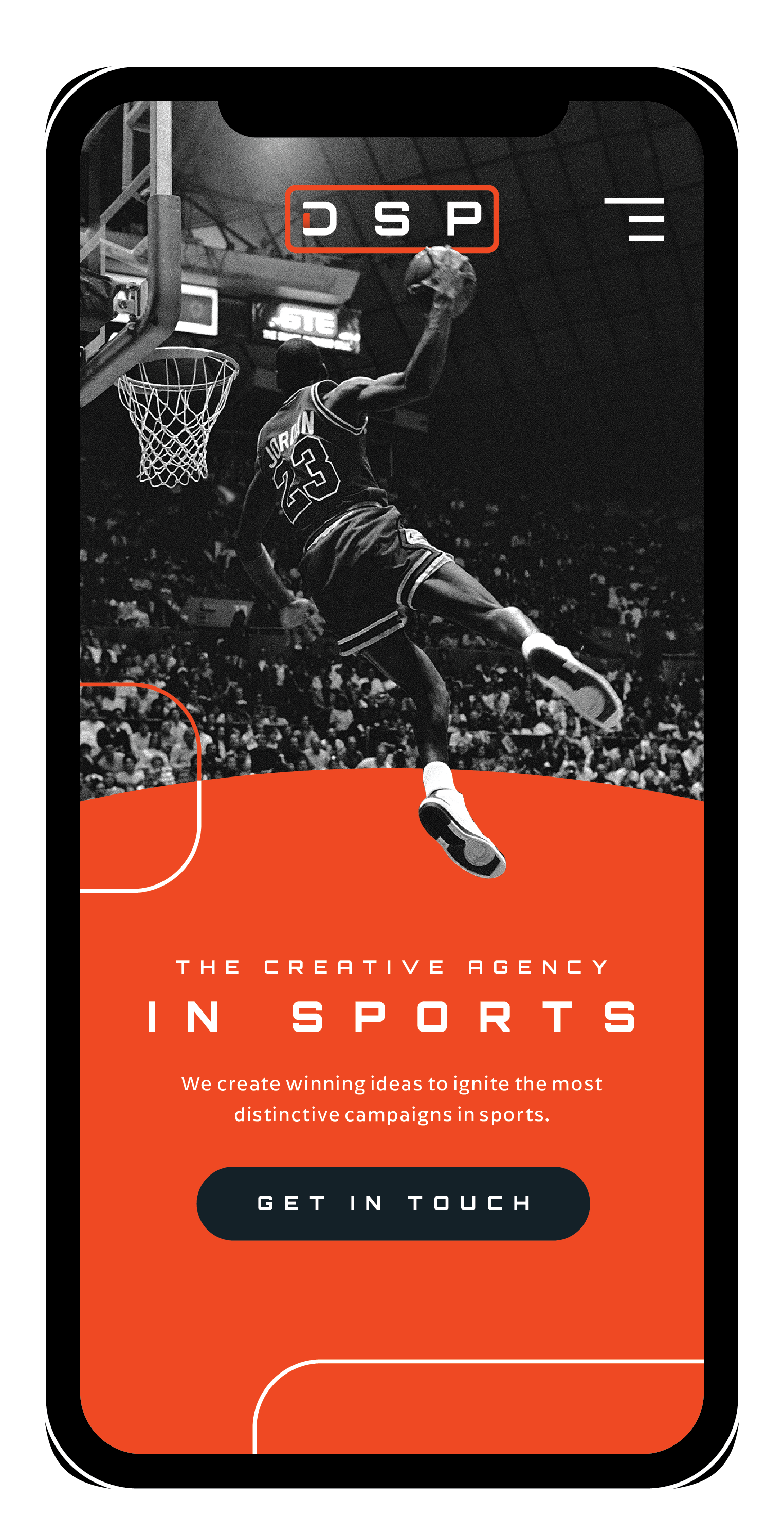 A promotional graphic for a creative sports agency features a black and white image of Michael Jordan dunking a basketball in a stadium, with an orange overlay at the bottom that contains the agency's slogan and a call-to-action button.
