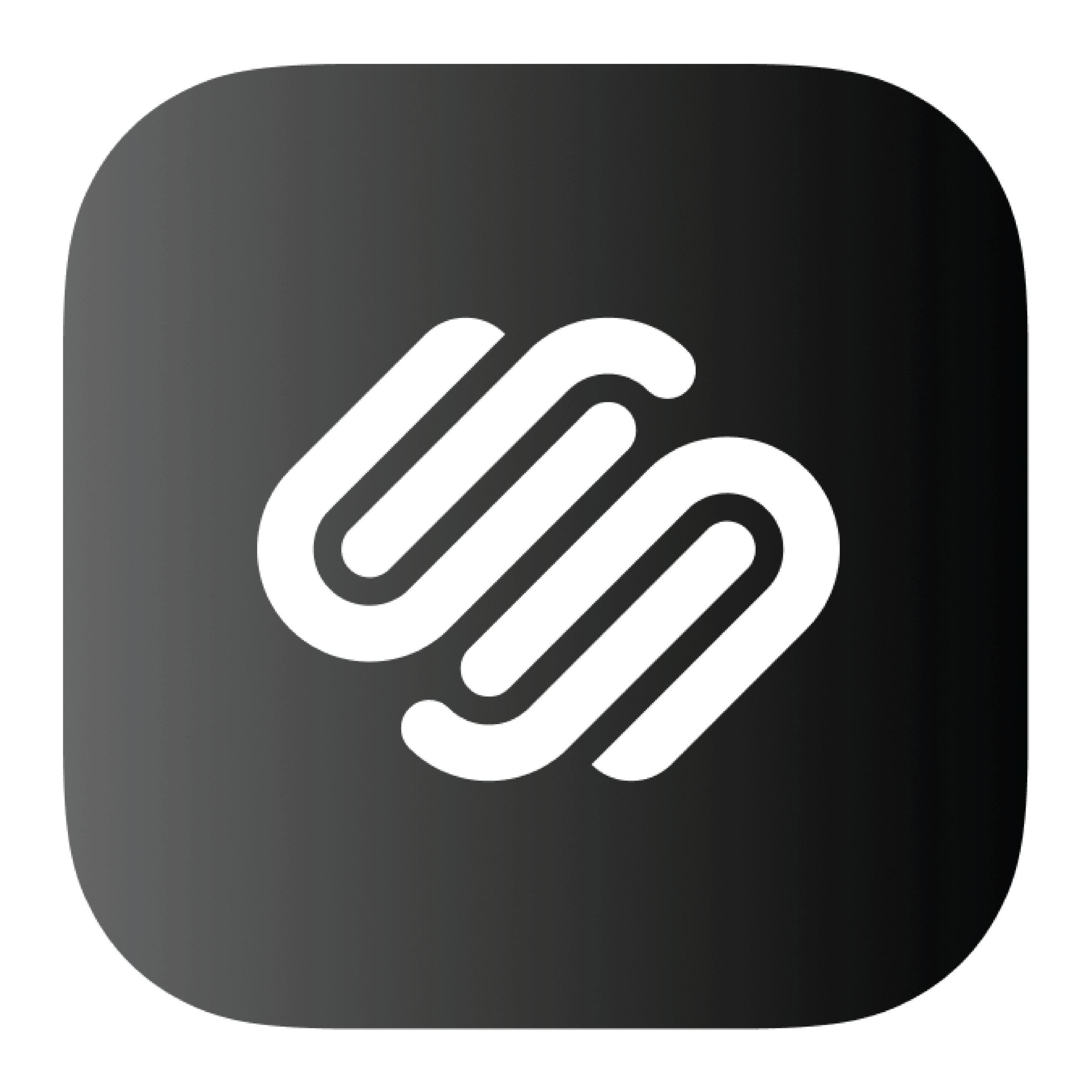 Close-up of the Squarespace logo, black round smart speaker with white multimedia icons on its surface.