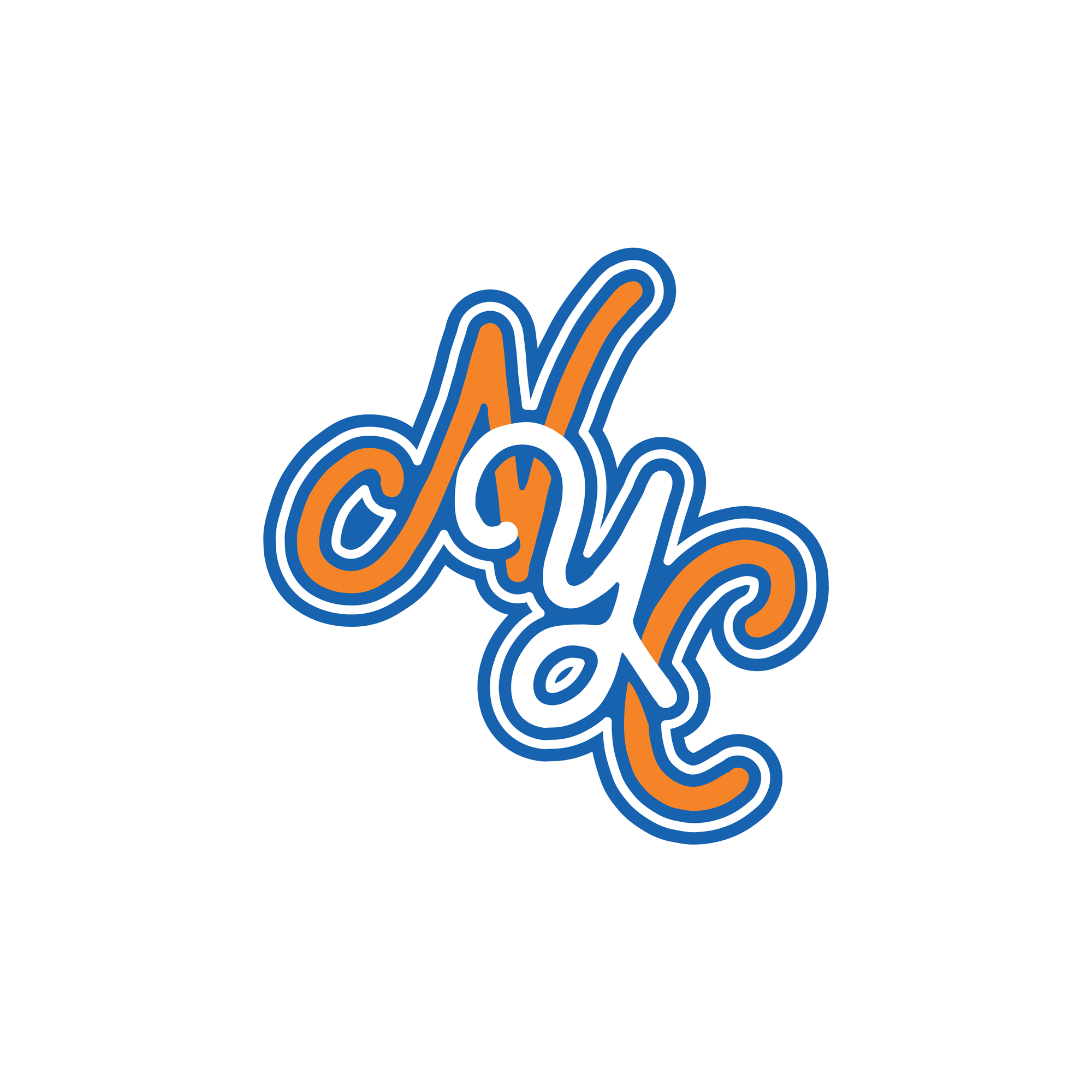 Close-up of a colorful, stylized text design with orange, blue, and white outlines spelling NYC.