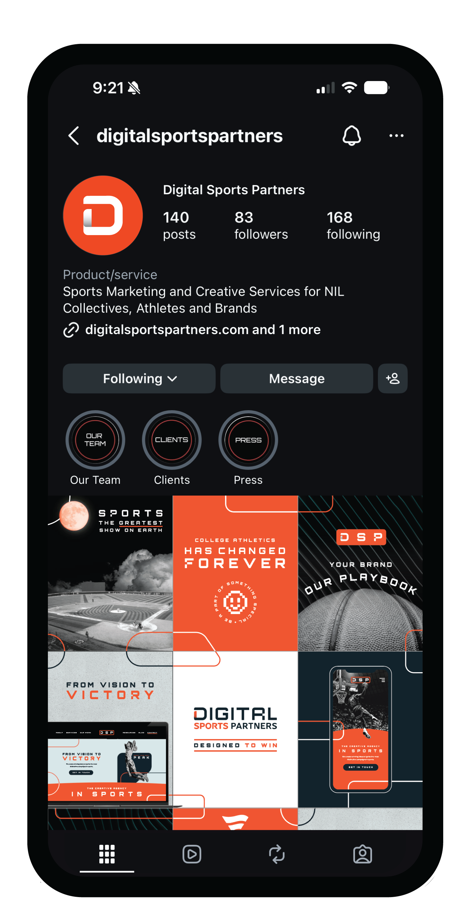 A screenshot of a mobile phone displaying an Instagram profile. The profile has 140 posts, 83 followers, and follows 168 accounts. The bio states it offers sports marketing and creative services for NIL collectives, athletes, and brands.
