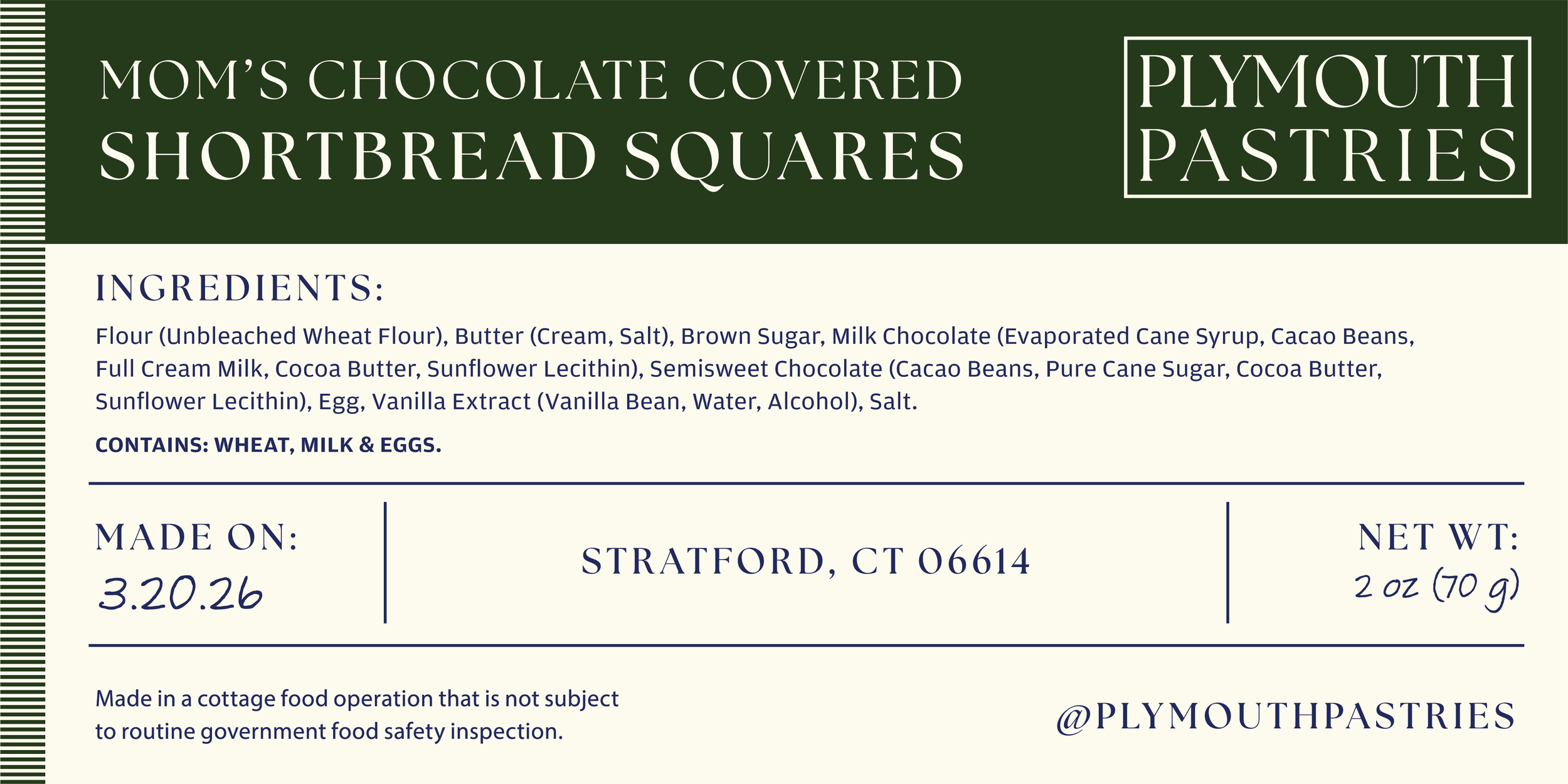 Packaging label for Mom's Chocolate Covered Shortbread Squares from Plymouth Pastries, featuring ingredients, manufacturing date, location, and weight details.