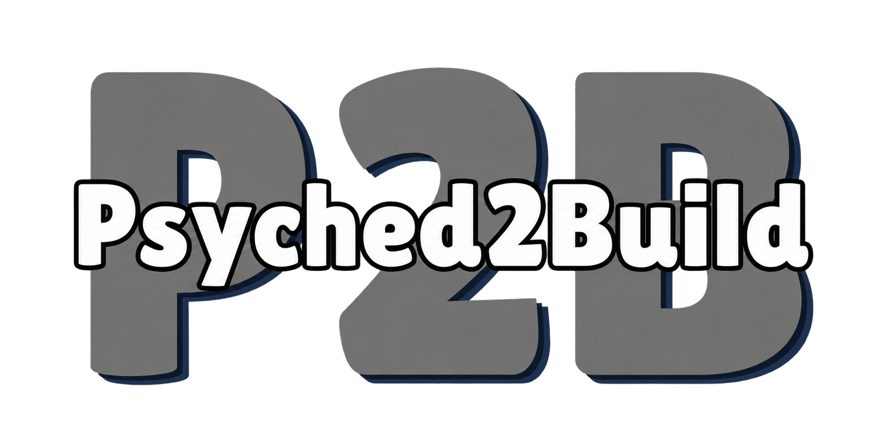 Psyched2Build logo with white lettering over gray P2B initials