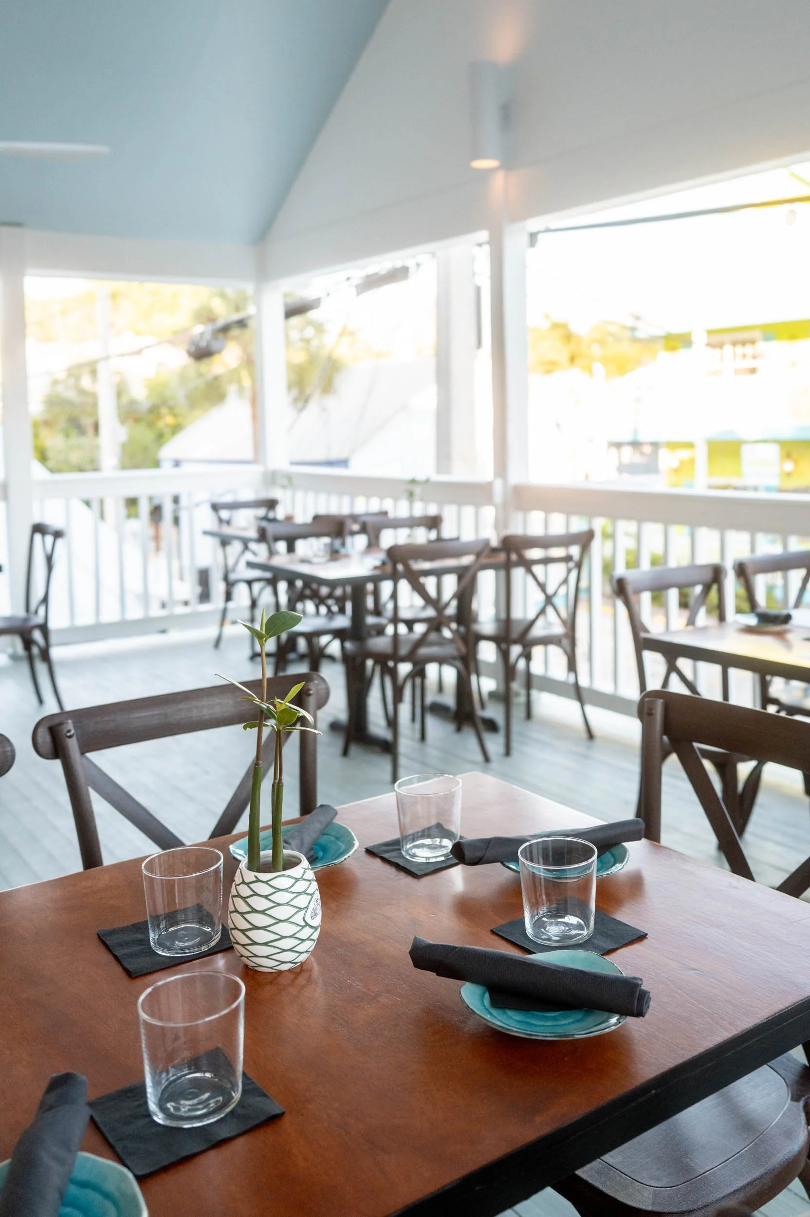 A restaurant interior with wooden tables set with glasses, plates, and black napkins, decorated with a small plant in a patterned vase. Large windows show an outdoor scene with trees and buildings.