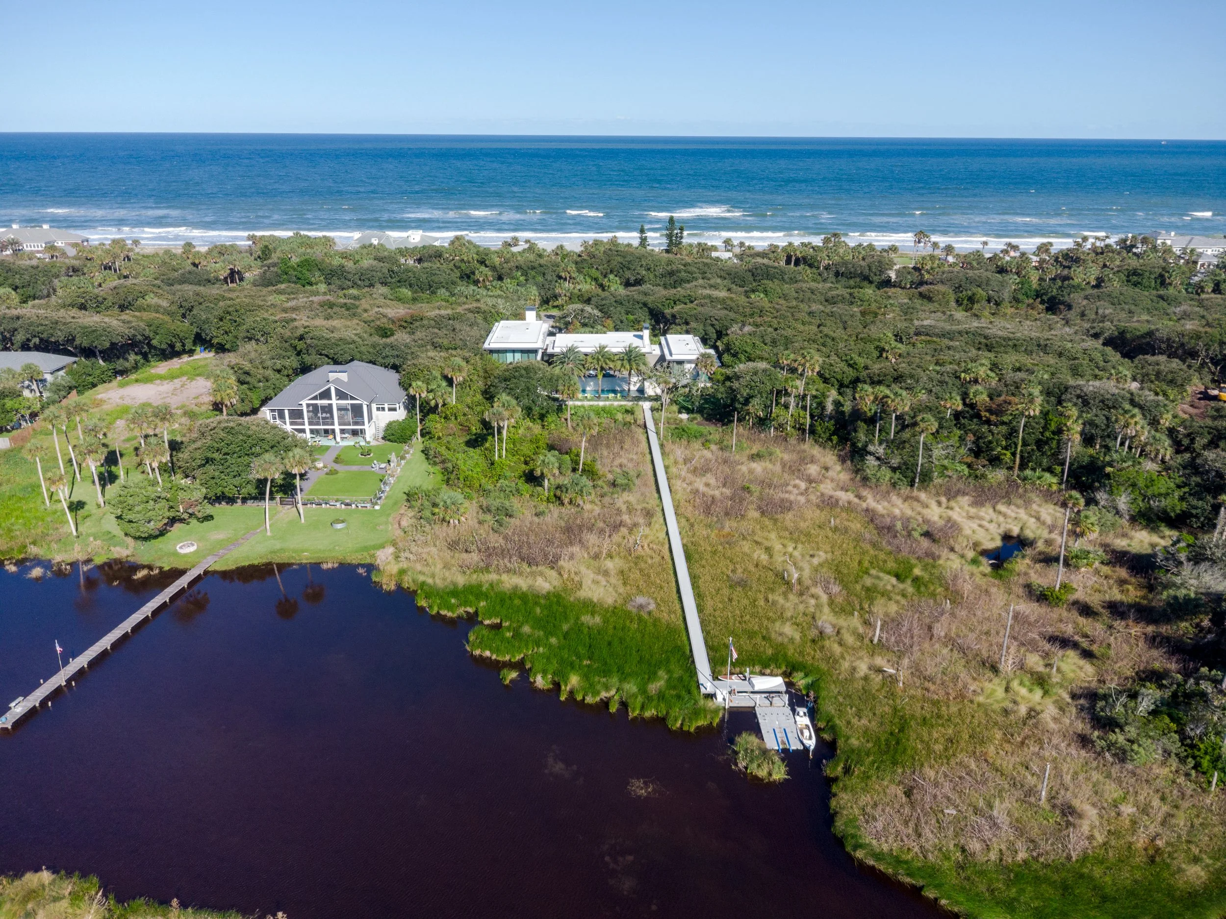 Aerial view of houses near the beach, including a house with a pond and garden, palm trees, and a boat dock, with the ocean and sandy shore in the background.