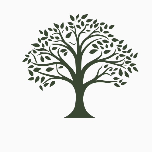 Silhouette of a leafy tree with a thick trunk and spreading branches