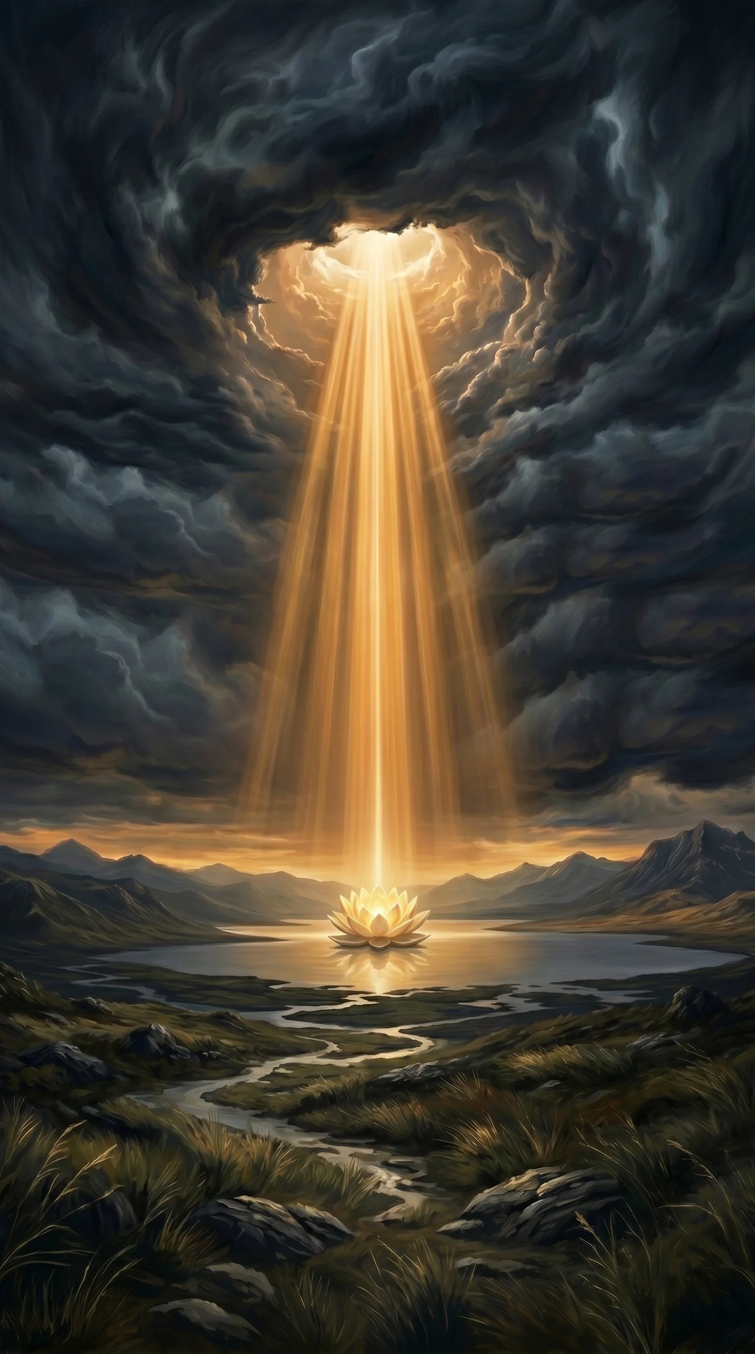 A digital painting depicting dark torrential clouds of adversity surrounding a vulnerable lone lily flower in the lake of creation. A beam of divine golden light descends from the sky to hold it in a protective embrace.