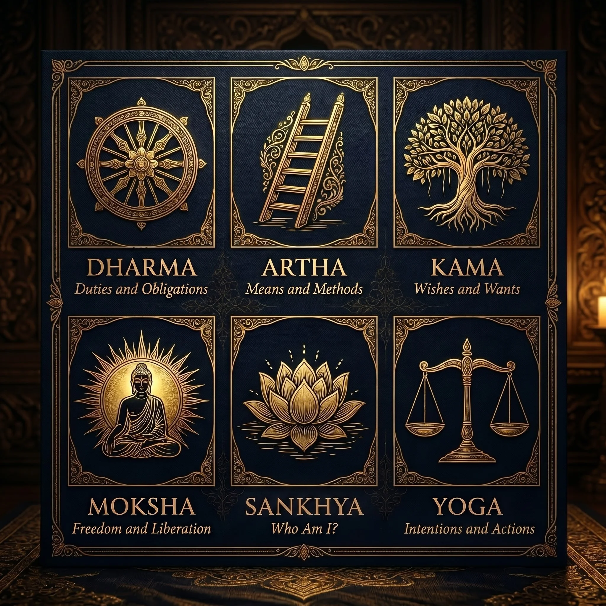 A dark blue and gold book cover with intricate gold line art. The cover features three panels with symbols: a Dharma wheel, a ladder, and a tree. Below each symbol are words: 'Dharma,' 'Artha,' 'Kama,' and their explanations. Additional text includes 'Freedom and Liberation,' 'Means and Methods,' 'Wishes and Wants,' and questions like 'Who Am I?' and 'Intentions and Actions.' The background includes ornate gold patterns.