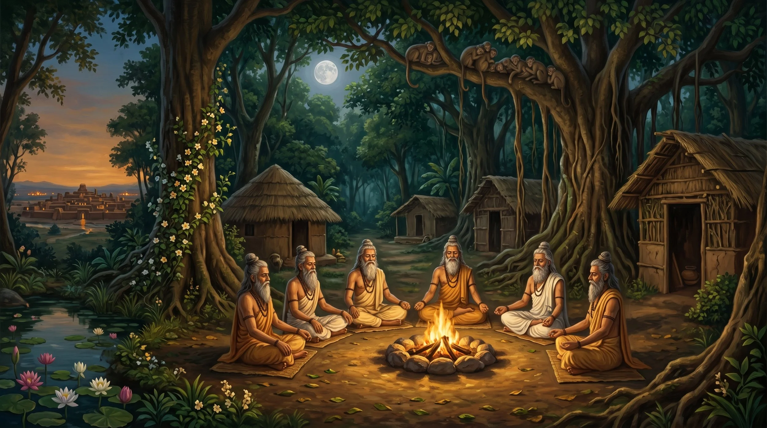 Sages sitting in a circle around a campfire in a forest with traditional huts and trees, under a full moon.