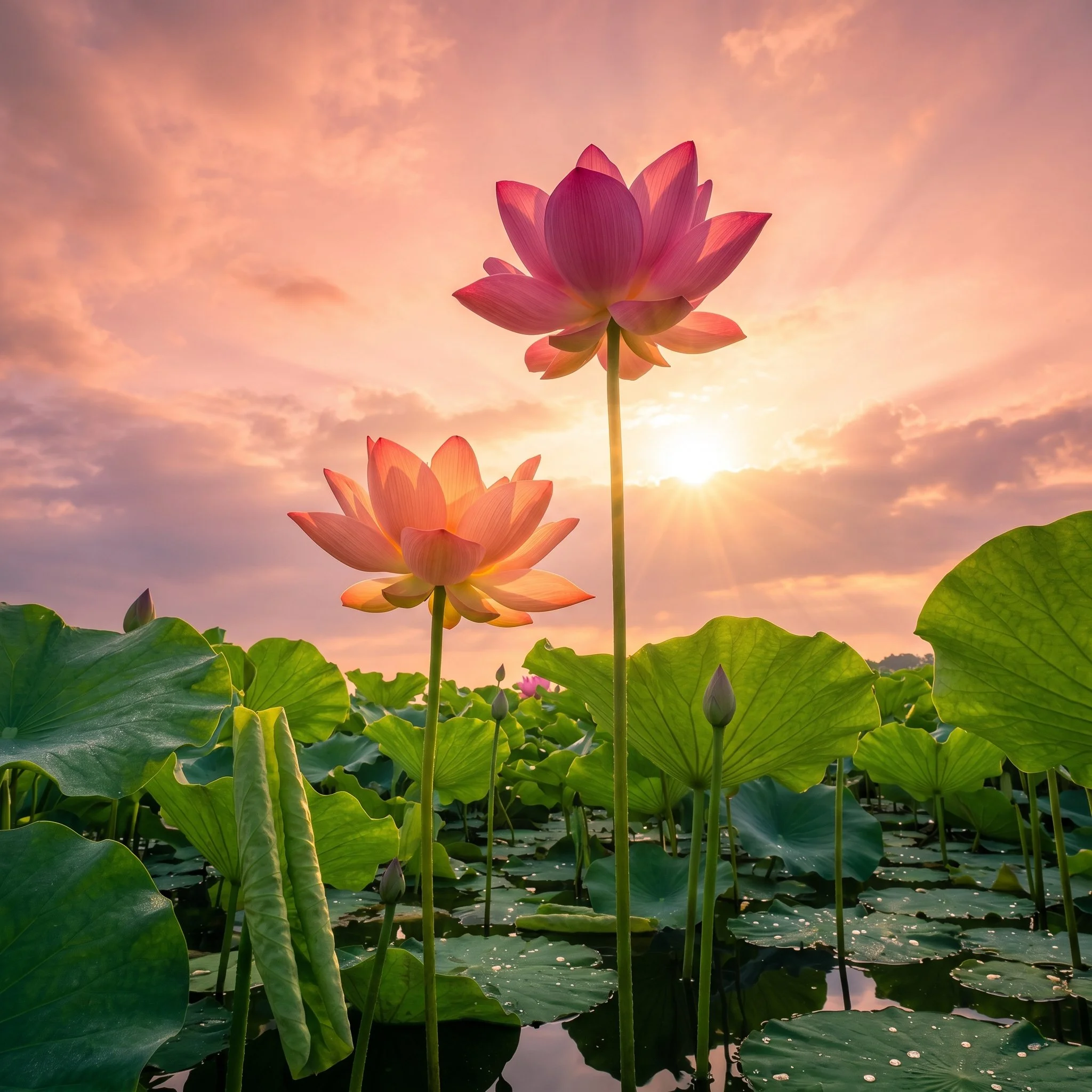 Pink lotus flowers, with lush green leaves, rising out of the swamp and muck to reach for the light of sun, to arrive at their fullness. They do not fight the muck. They use it.