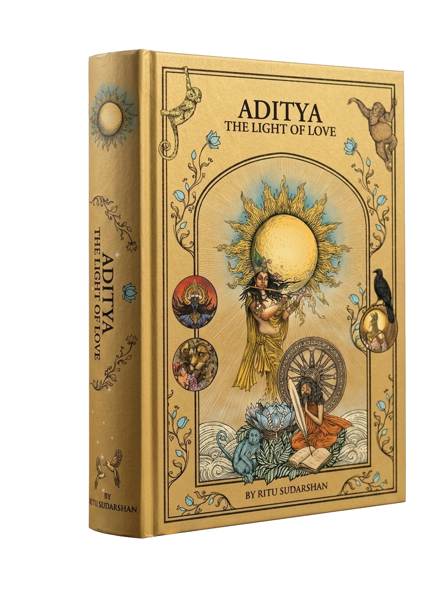 A hardcover book titled "Aditya: The Light of Love" by Ritu Sudarshan, featuring mystical and spiritual illustrations of a large sun, the symbol of wisdom and knowledge, a sage writing the scriptures, and Krishna the Lord of Love and Sustenance.