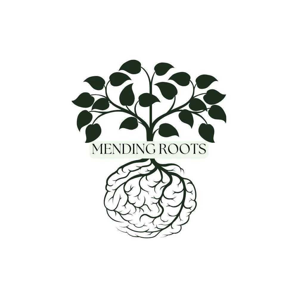 A logo with a tree's branches and leaves growing above, and a brain depicted below, with the text "MENDING ROOTS" in the middle.