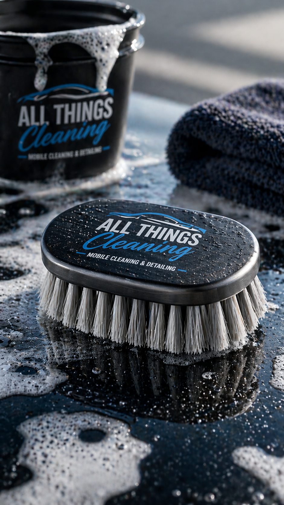 A cleaning brush and container labeled "All Things Cleaning" on a wet surface, with soapy foam and a towel nearby.