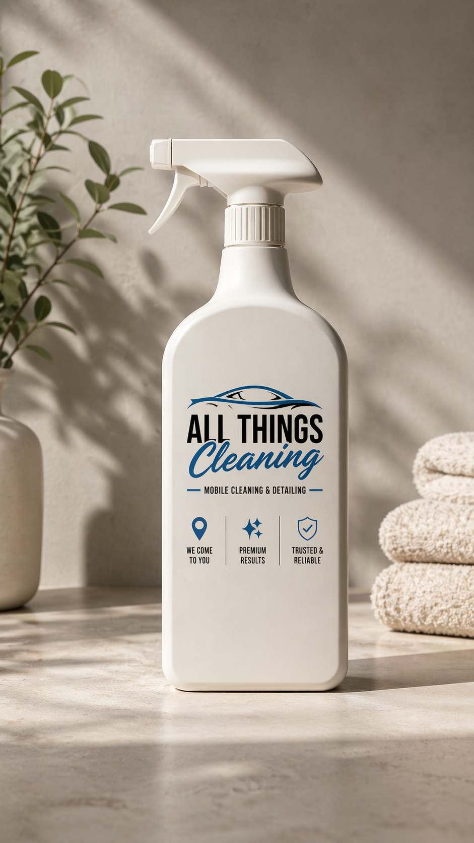 A white spray bottle labeled "All Things Cleaning" with a car icon, standing on a marble surface with stacked towels and a potted plant nearby.