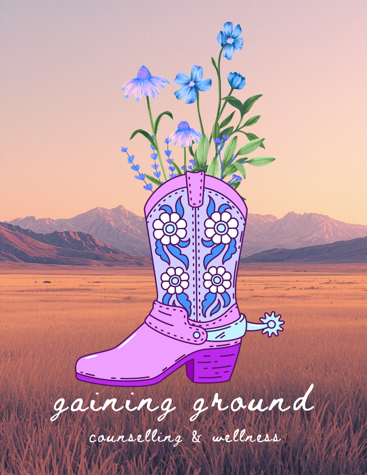 a pink cowboy boot with wildflowers coming out of it over a background of pink-hued prairie grasses and Rocky Mountains. underneath is the name of the business gaining ground counselling & wellness in white cursive text.