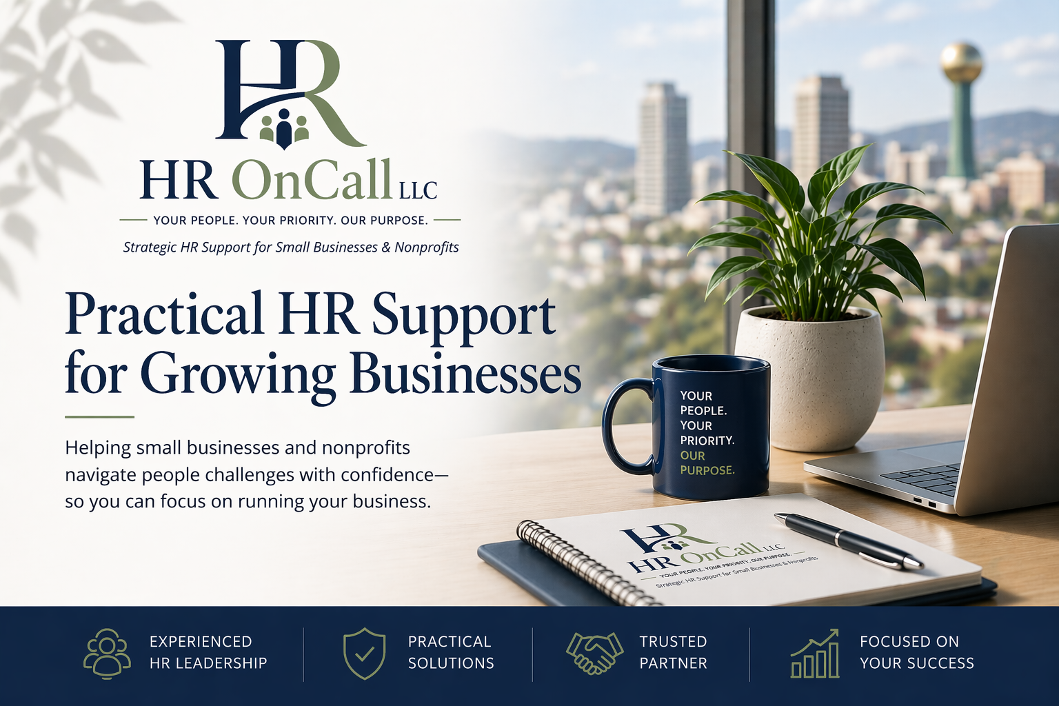A promotional flyer for HR OnCall LLC featuring a cityscape background with a potted plant, a laptop, a notebook, a pen, and a mug with the company logo and slogan, highlighting HR support services for small businesses.