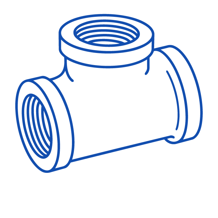Line drawing of a T-shaped pipe fitting with threaded ends.