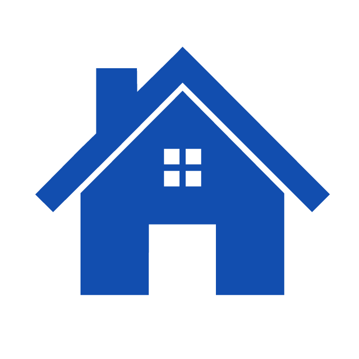 Blue house icon with chimney and small window
