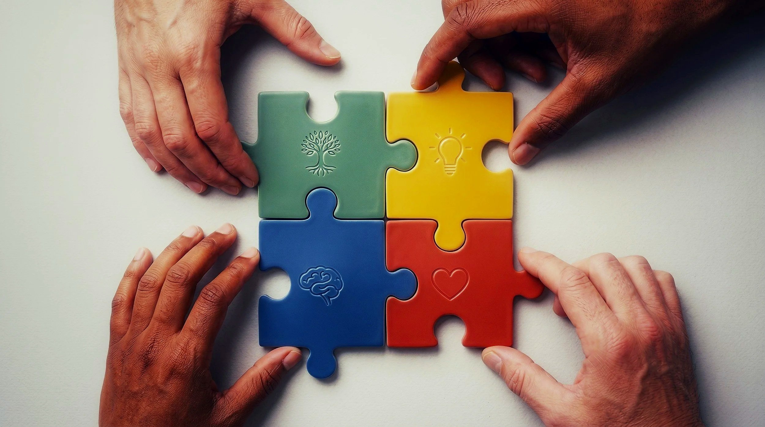 Six hands assembling colorful jigsaw puzzle pieces with symbols including a tree, light bulb, brain, heart, and cloud on white background.