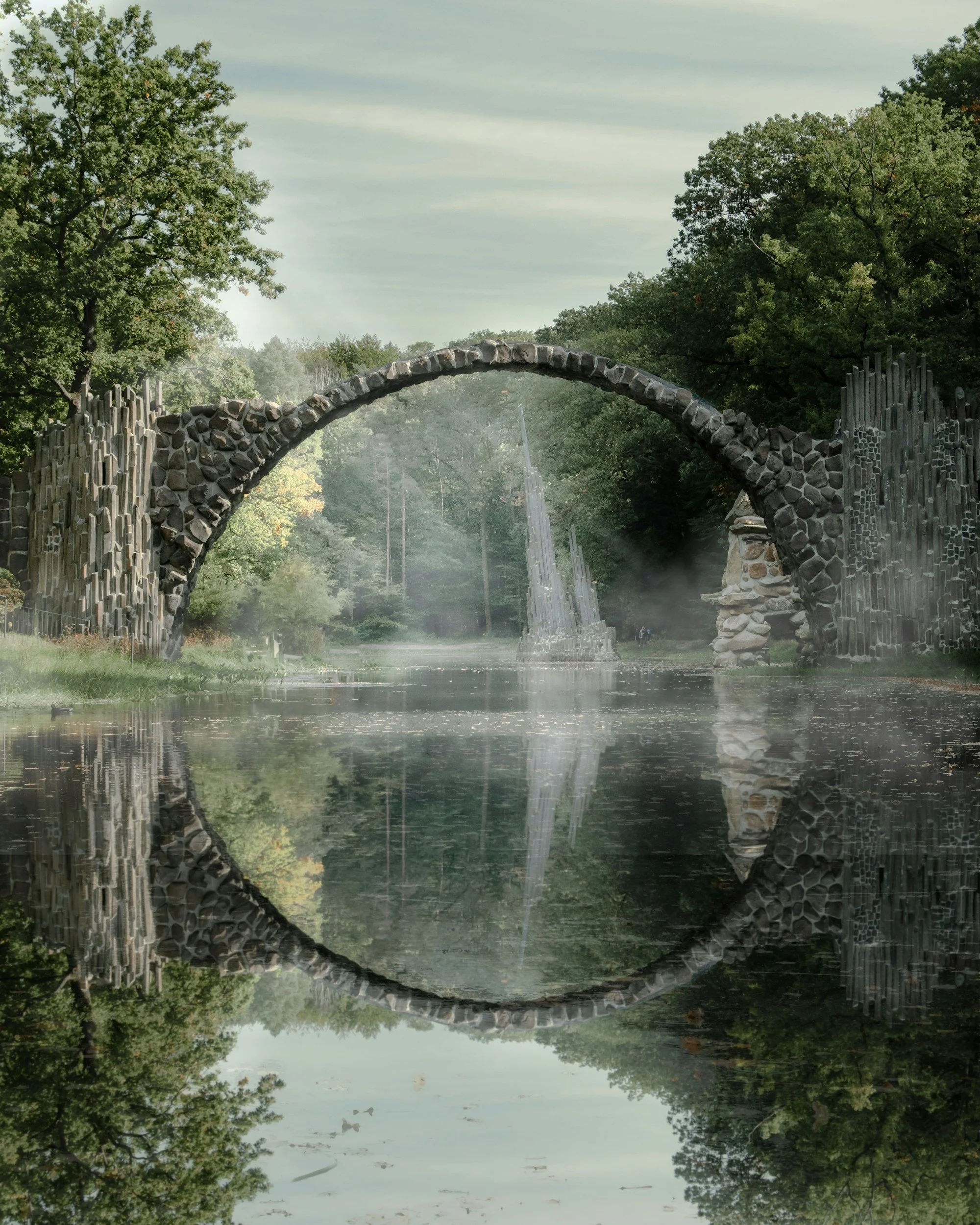 A stone arch bridge over a calm river surrounded by green trees and a cloudy sky, with a misty atmosphere.