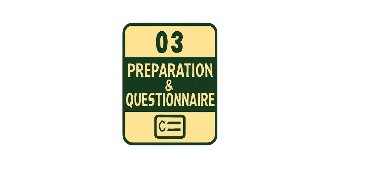 A sign with the text '03 Preparation & Questionnaire' and a small icon of a clipboard or checklist at the bottom.