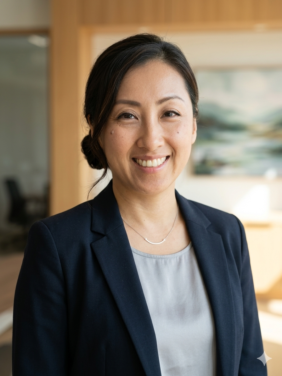 Professional woman smiling, wearing a dark blazer and light top, in an office setting.
