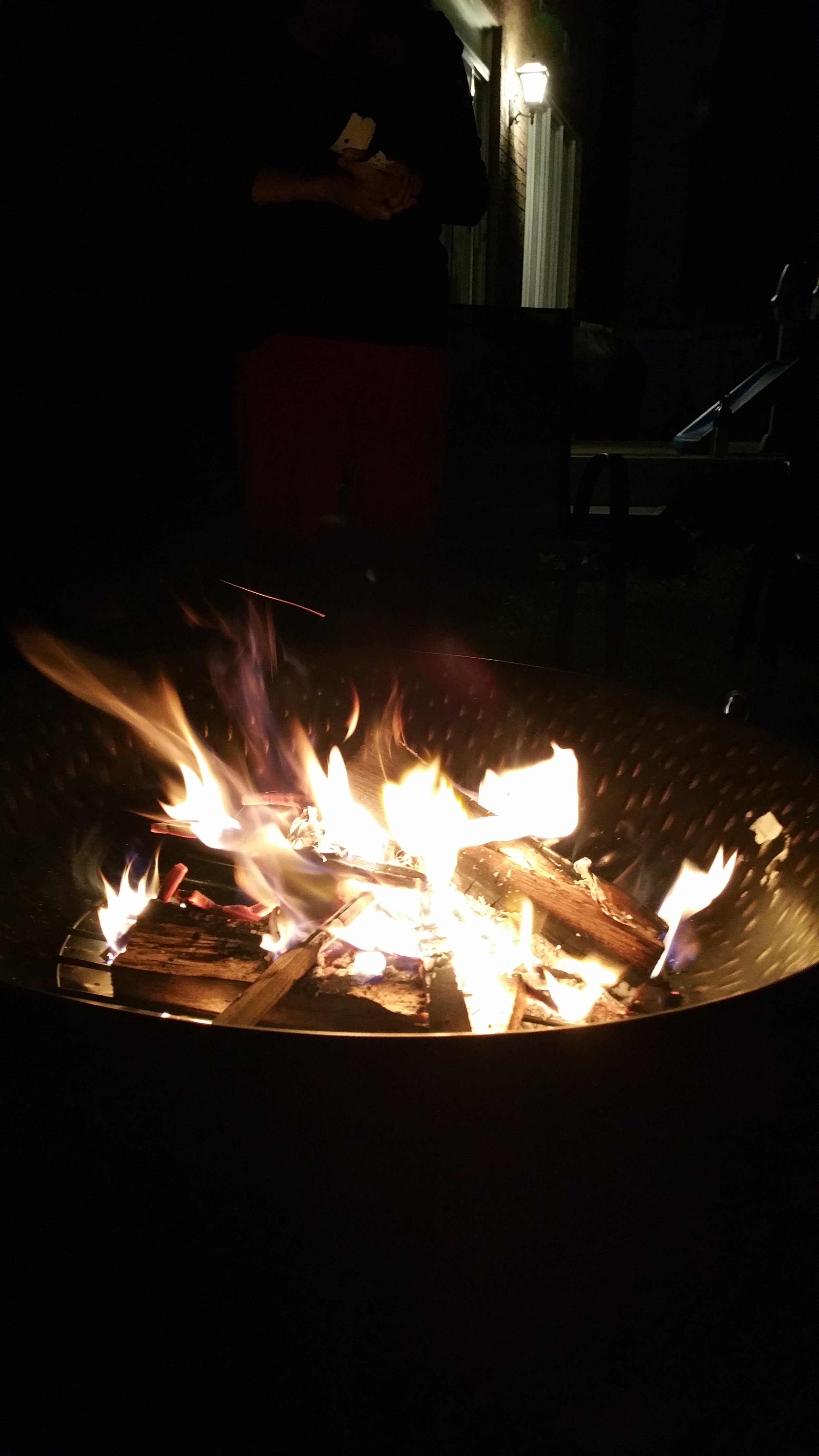 A campfire burning with flames and wood logs, set outdoors at night.