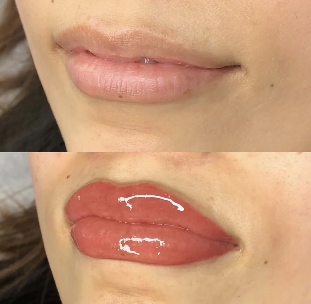 A close-up of a person's lips, with the top image showing natural lips and the bottom image showing lips after getting Lip blush in Chicago.