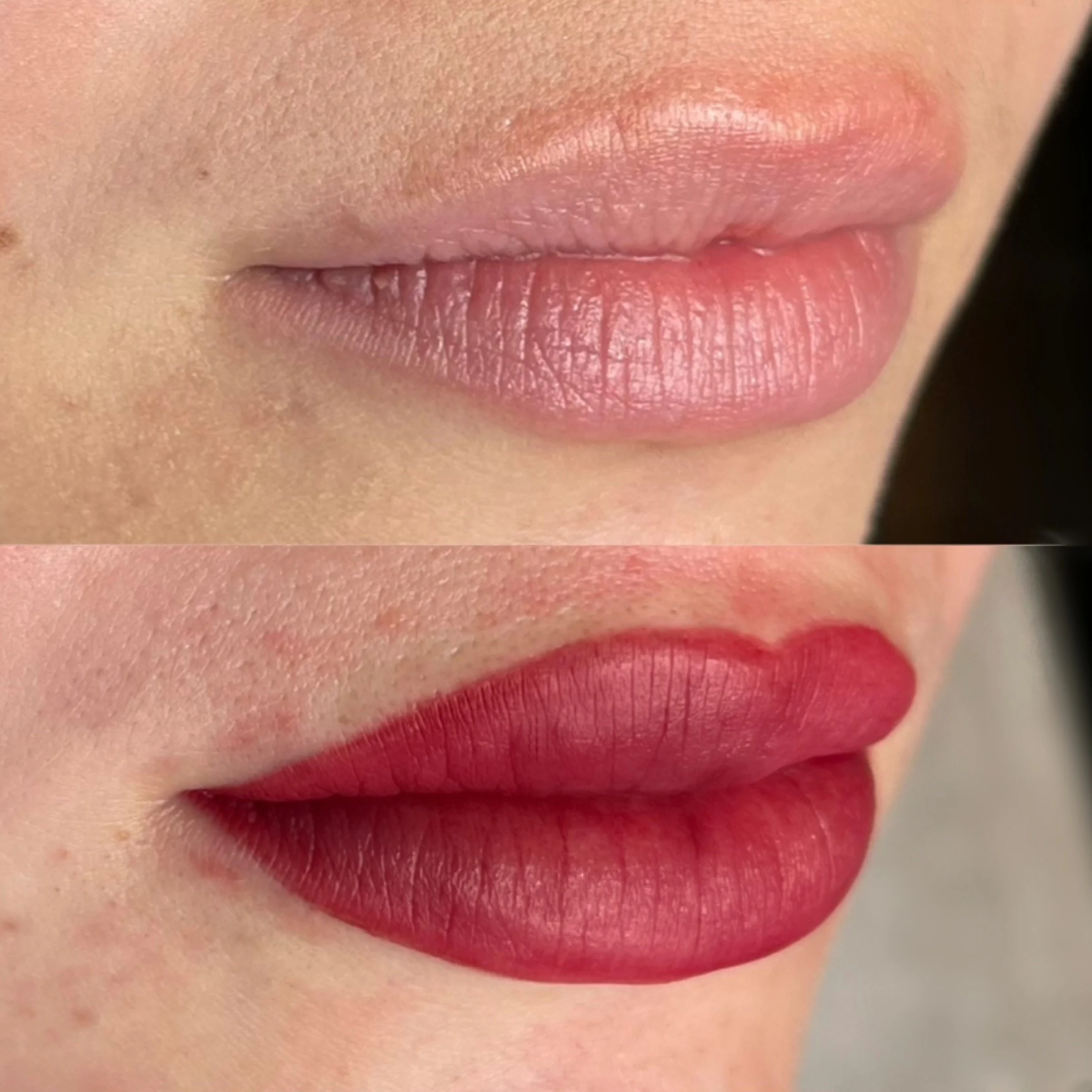 Close-up of a person's lips with red lip blush