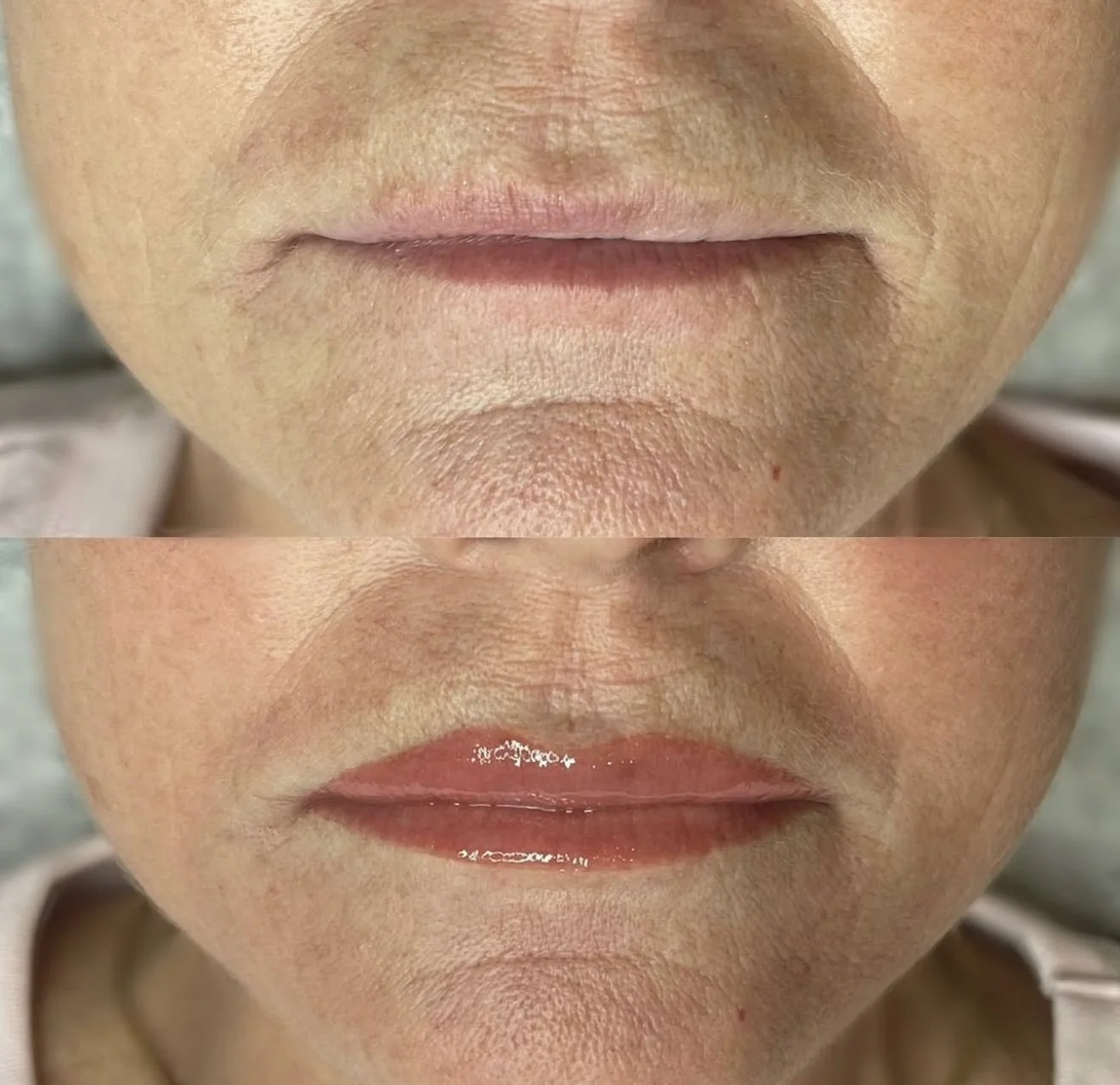 A side-by-side comparison of a person's lips before and after getting lip blush in Chicago, showing smoother and more defined lips in the after photo.