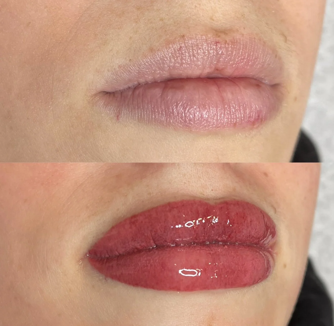 Close-up of lips before and after applying lip blush with gloss.
