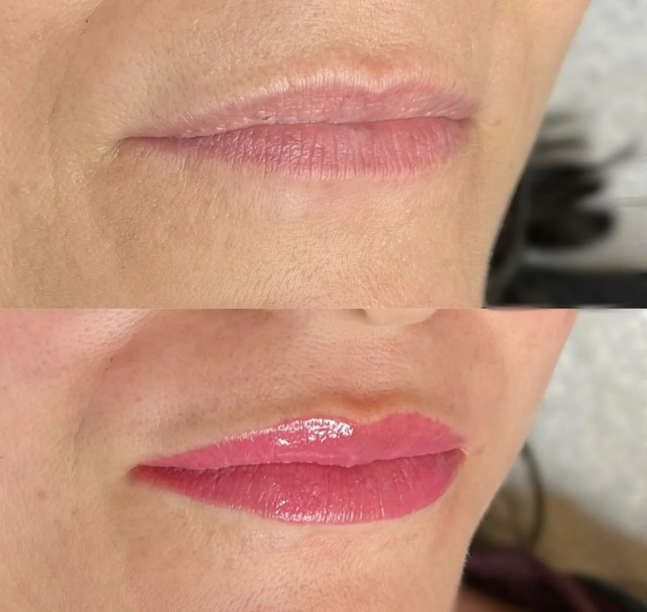 Comparison of lips before and after getting lip blush, showing an increase in shine and color.